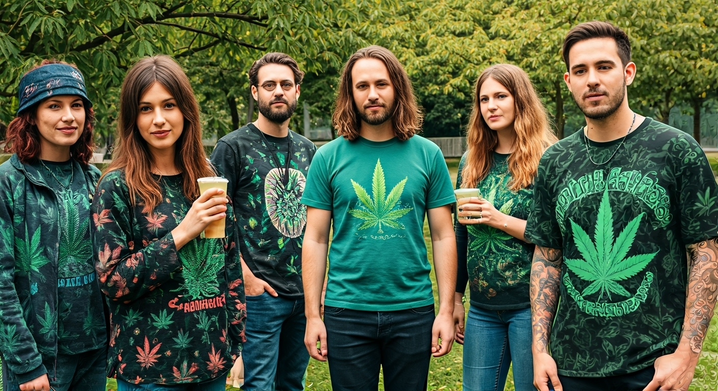 People in cannabis-themed clothing outdoor