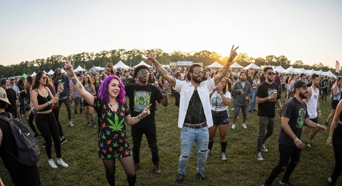 Group in cannabis-themed outfits outdoors