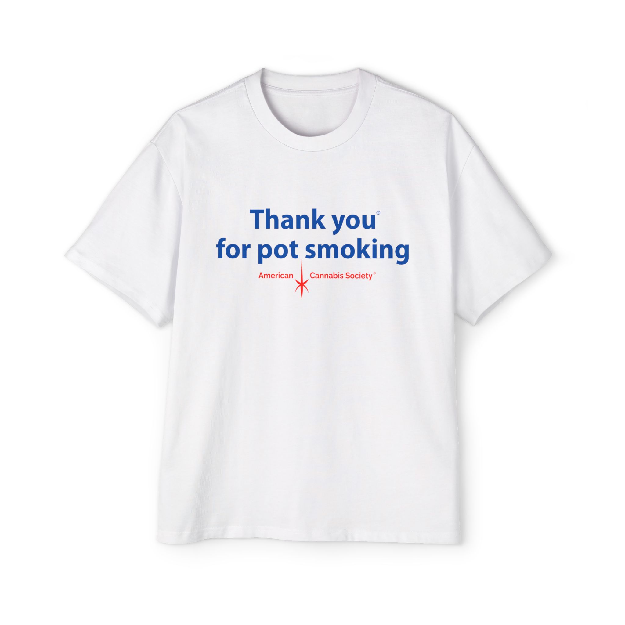Thank You for Pot Smoking® oversized drop-shoulder cannabis tee with blue and red chest graphic — THC Factor by GreenRX™