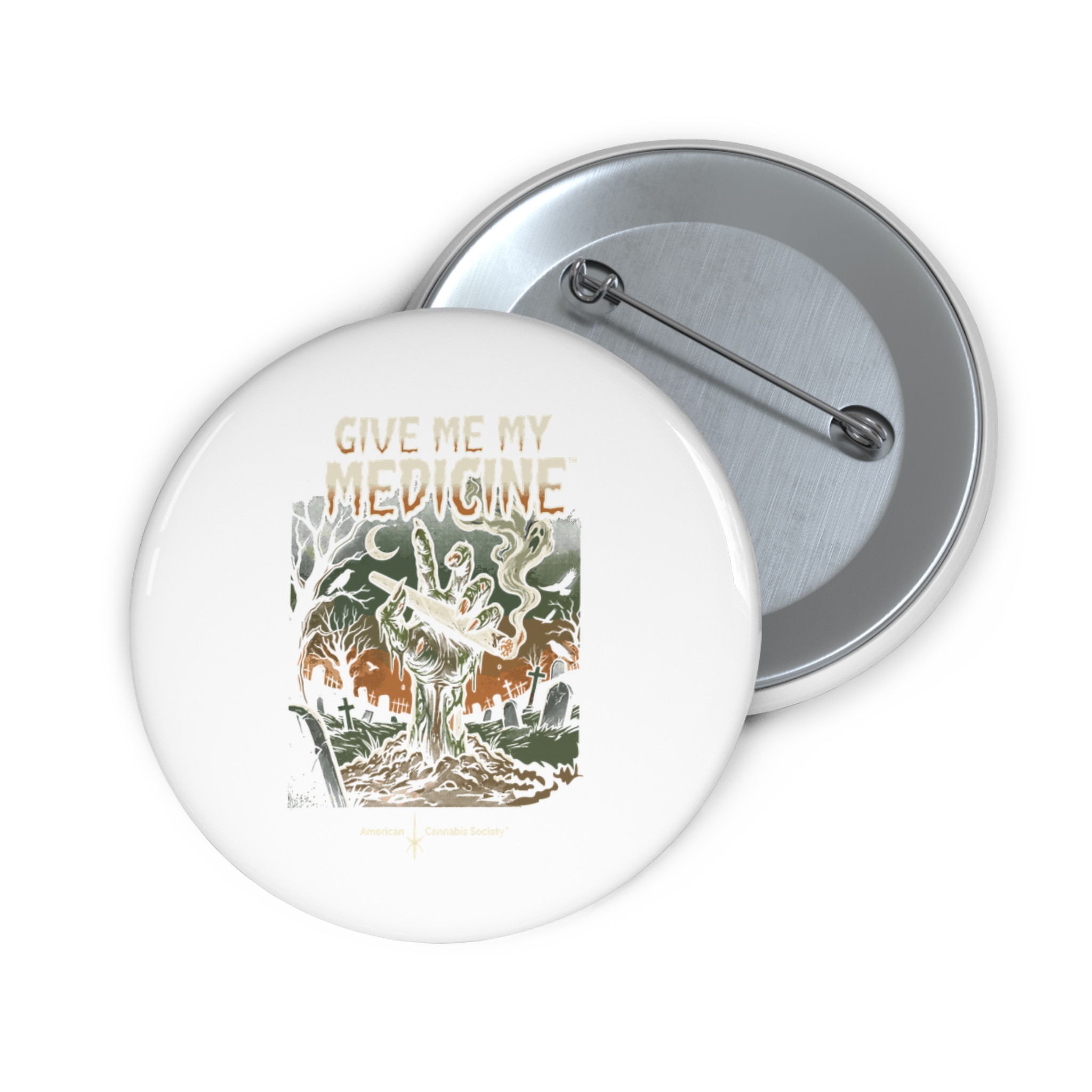 Pin Button — "Give Me My Medicine™" Zombie Hand Horror Badge - Image 3