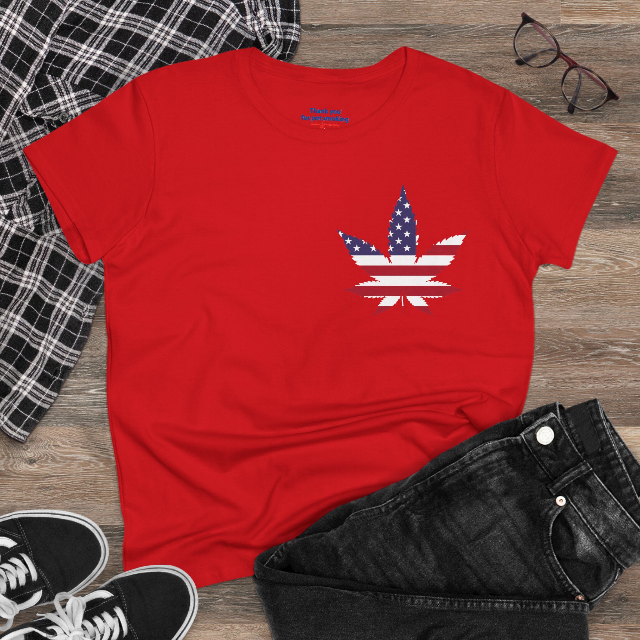 American Flag Leaf Tee — Women's Patriotic Cannabis Graphic T-Shirt - Image 44
