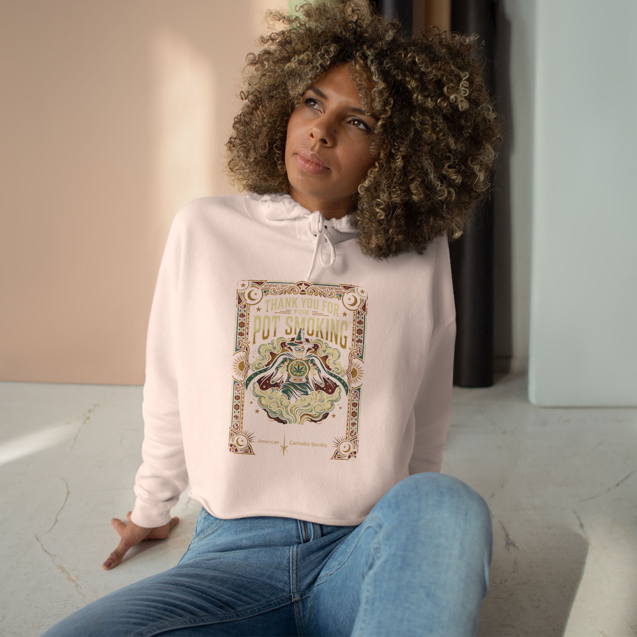 Pot Smoking Botanical Crop Hoodie — Vintage Cannabis Art Cropped Hoodie - Image 9