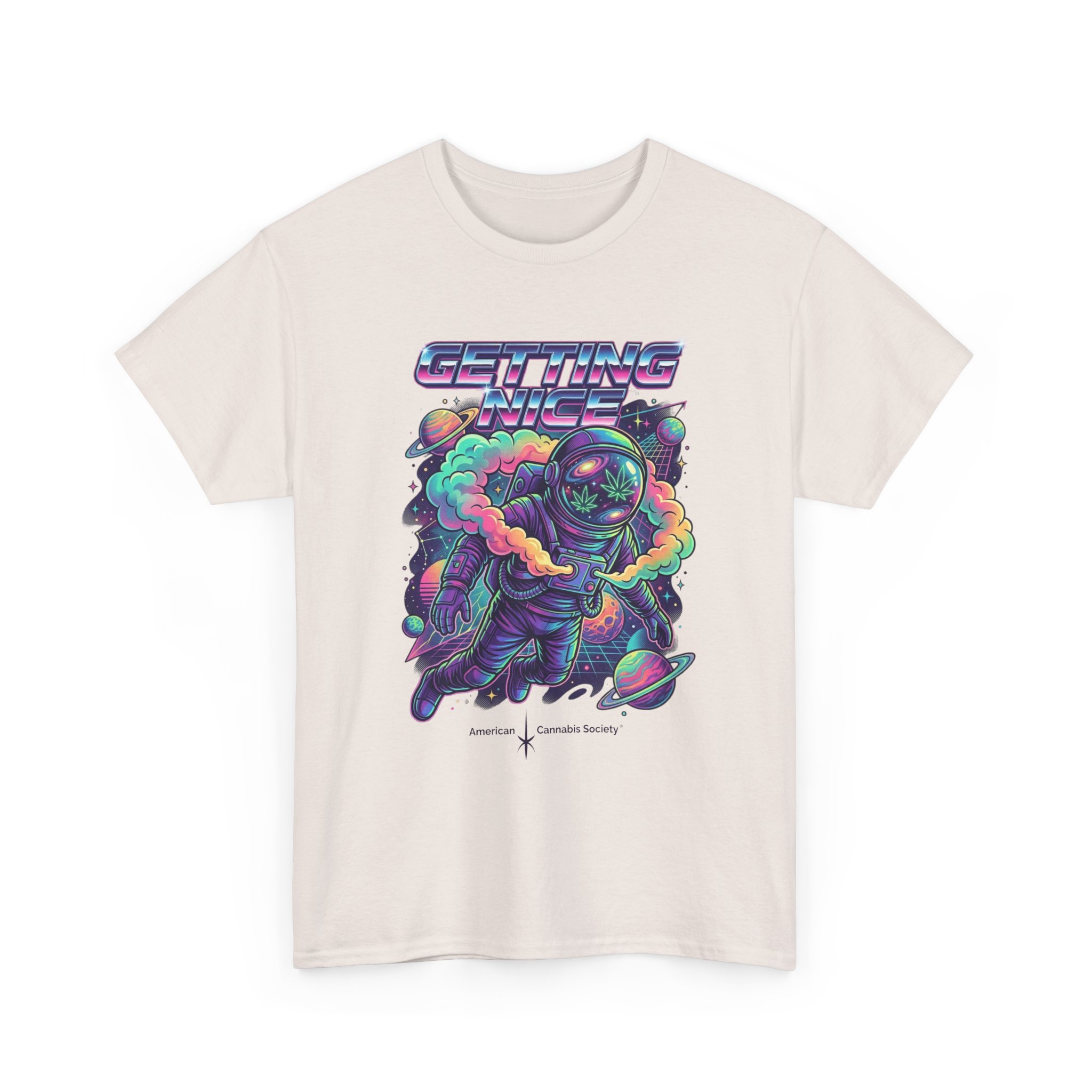 Getting Nice™ Astronaut T-Shirt — Retro Neon Space Cannabis Graphic Tee - Image 19