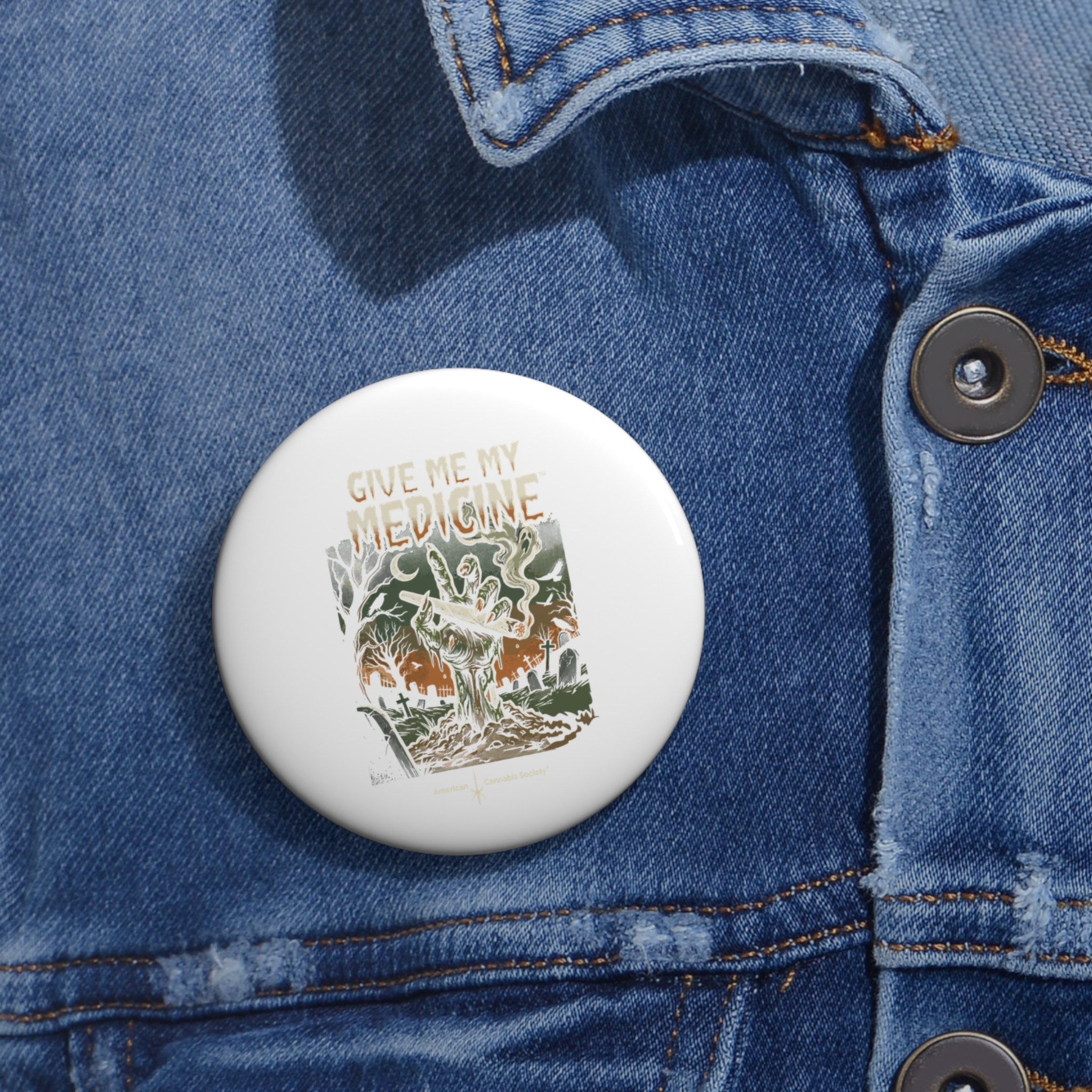 Pin Button — "Give Me My Medicine™" Zombie Hand Horror Badge - Image 4