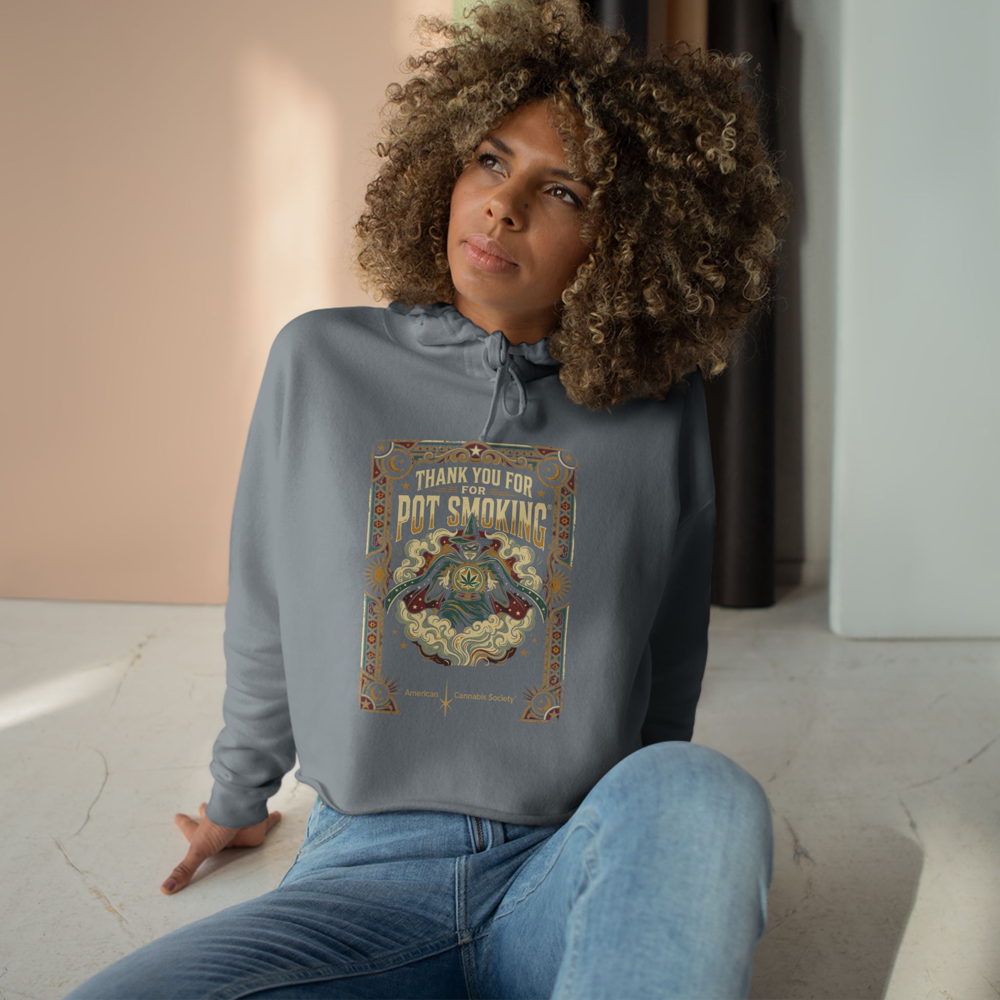 Pot Smoking Botanical Crop Hoodie — Vintage Cannabis Art Cropped Hoodie - Image 12
