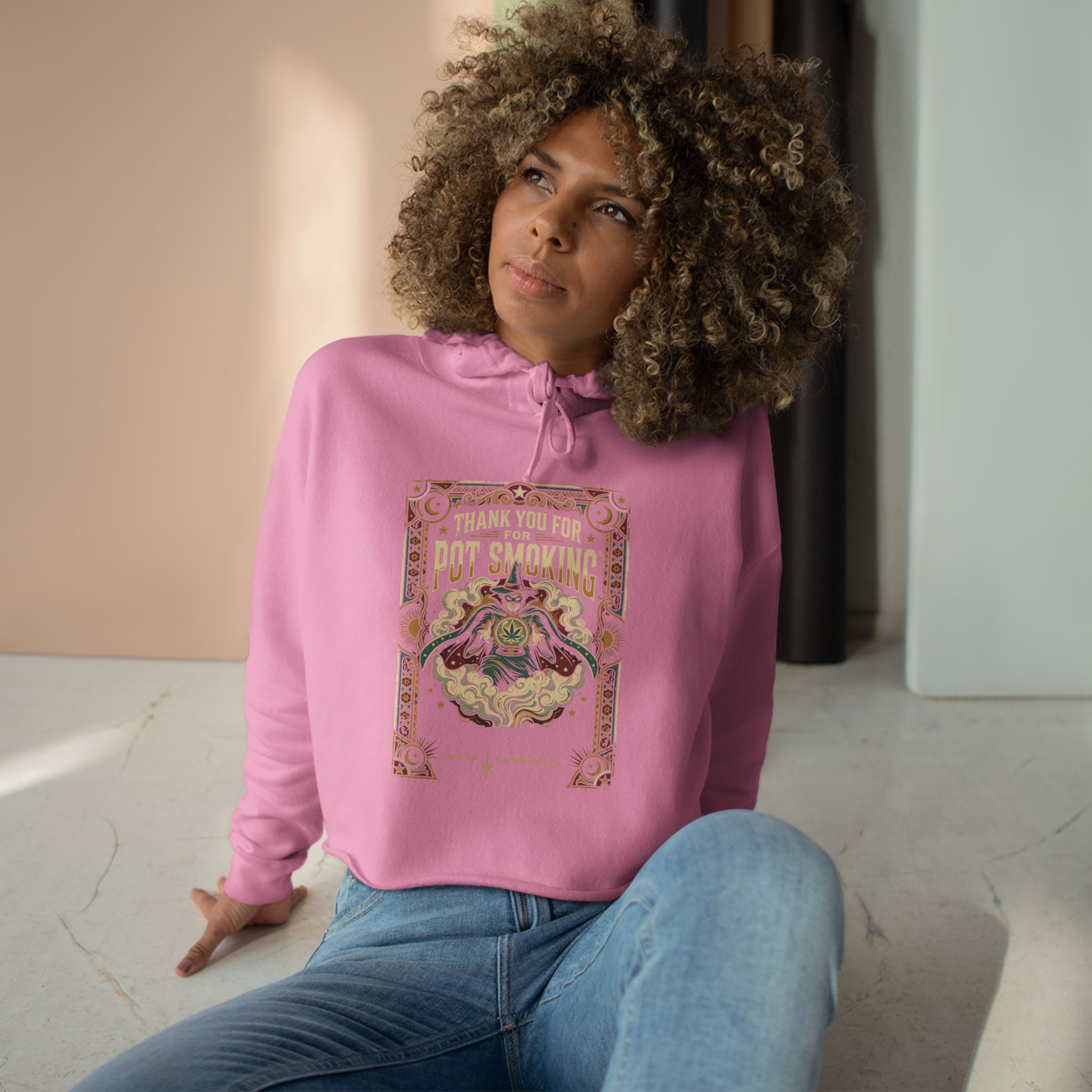 Pot Smoking Botanical Crop Hoodie — Vintage Cannabis Art Cropped Hoodie - Image 18