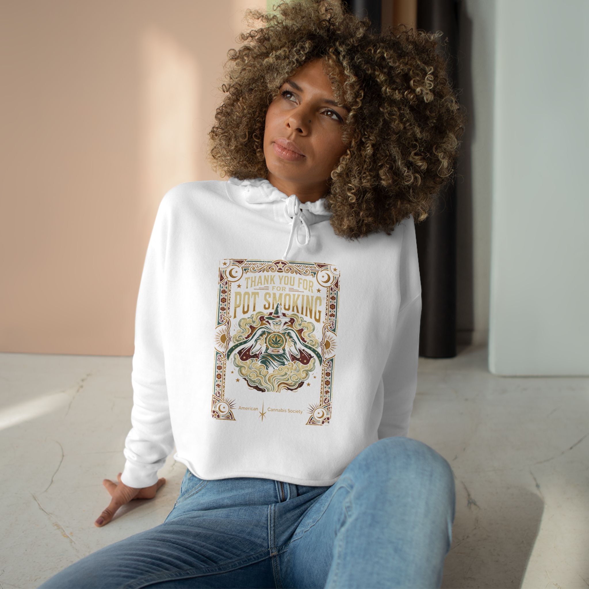 Pot Smoking Botanical Crop Hoodie — Vintage Cannabis Art Cropped Hoodie - Image 3
