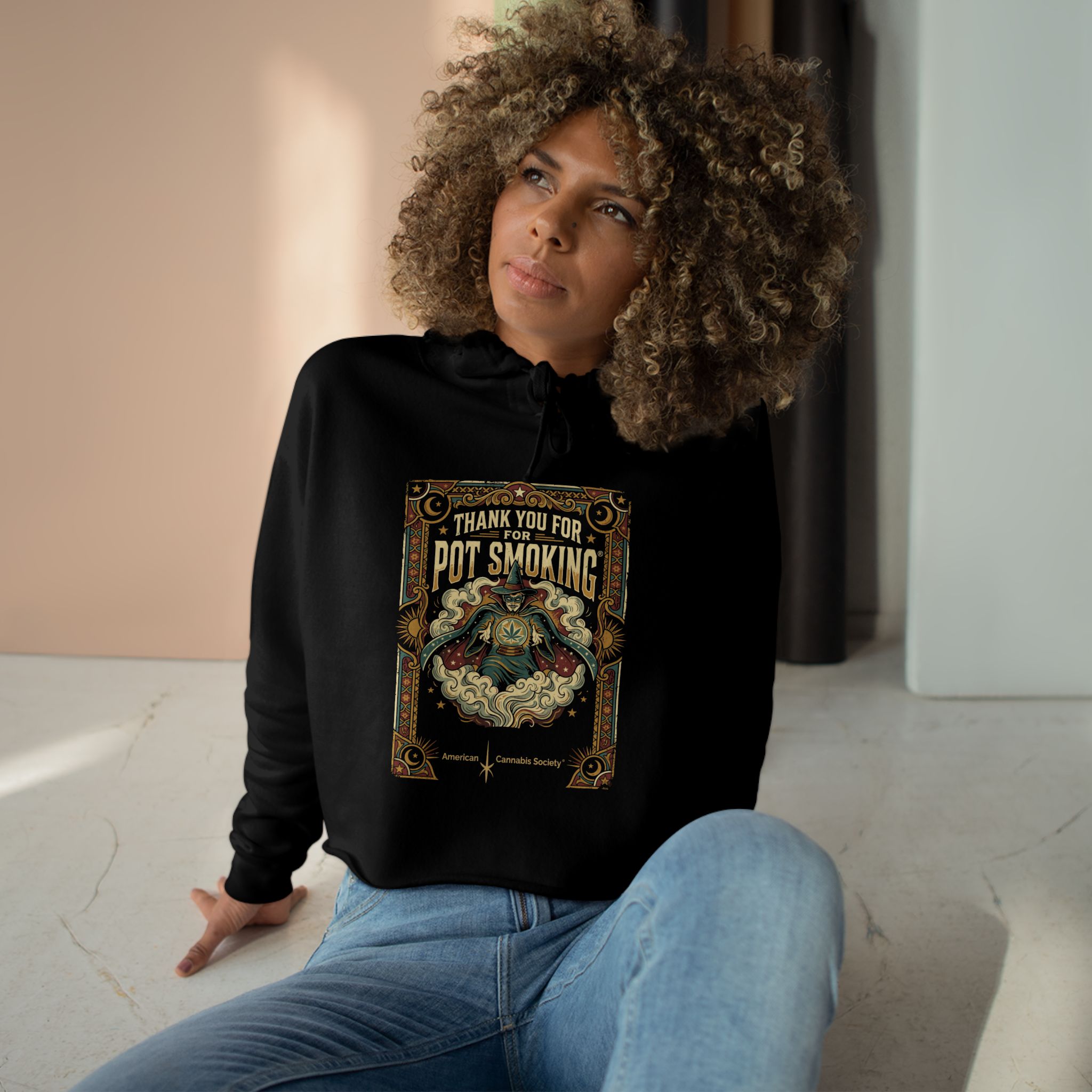 Pot Smoking Botanical Crop Hoodie — Vintage Cannabis Art Cropped Hoodie - Image 6