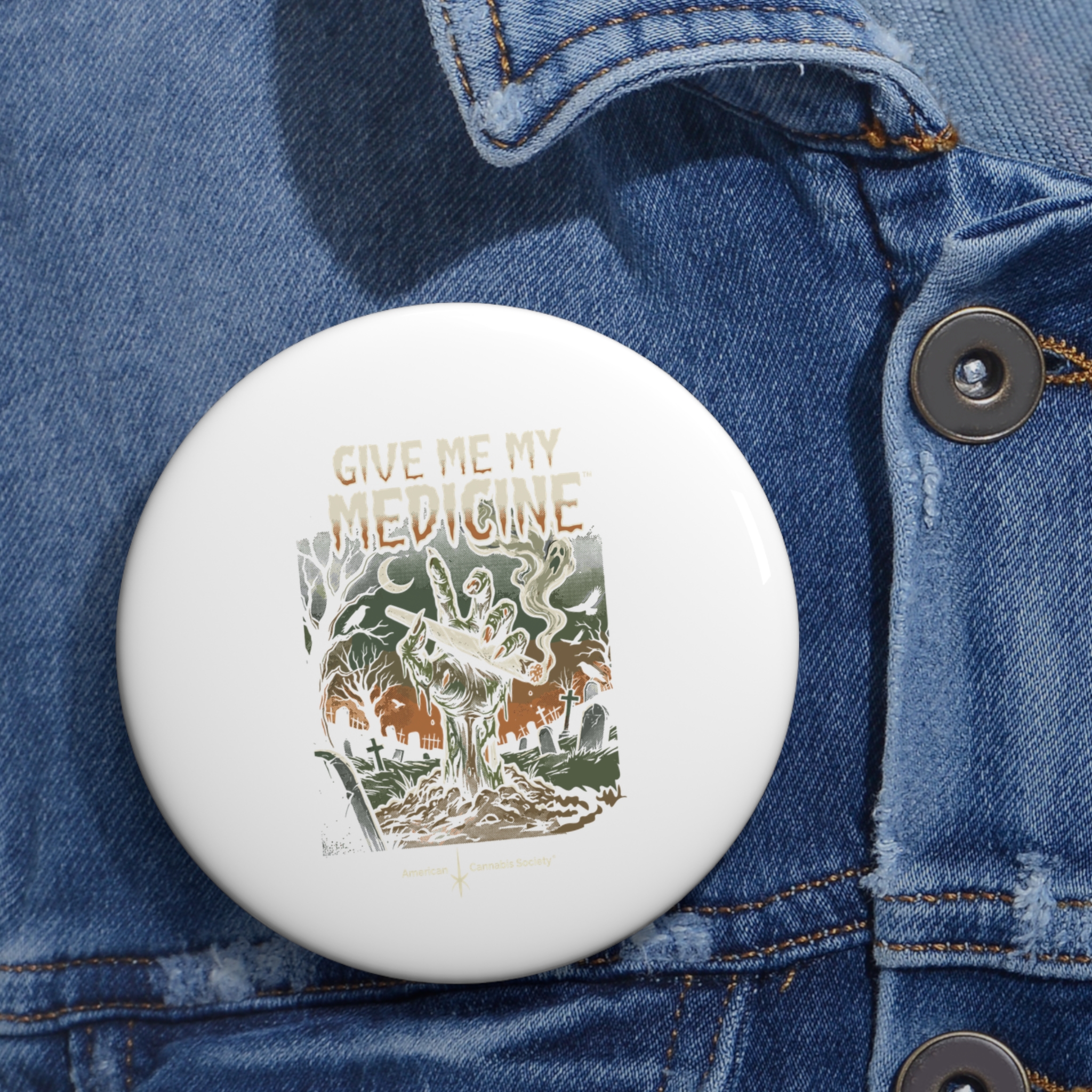 Pin Button — "Give Me My Medicine™" Zombie Hand Horror Badge - Image 6