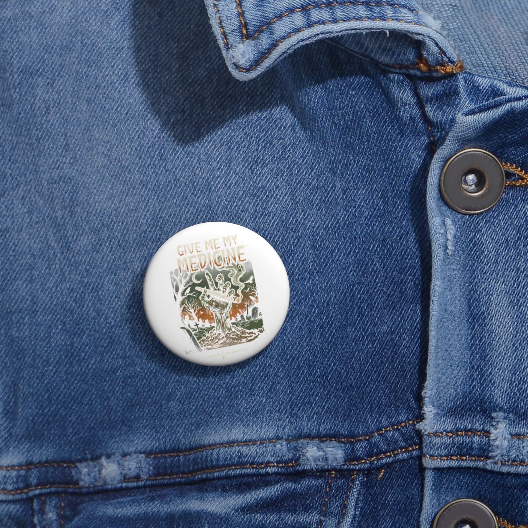 Pin Button — "Give Me My Medicine™" Zombie Hand Horror Badge - Image 2