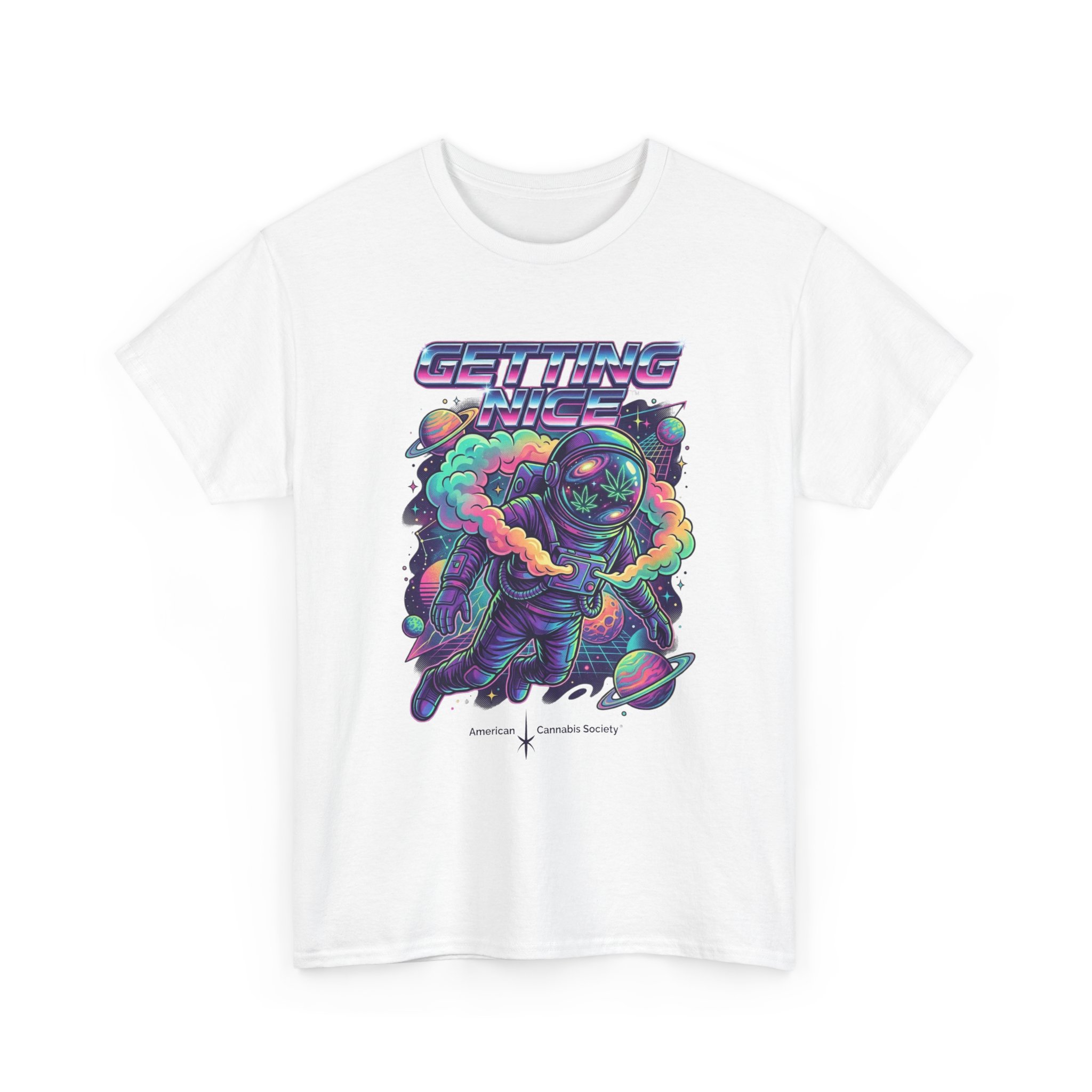 Getting Nice™ Astronaut T-Shirt — Retro Neon Space Cannabis Graphic Tee - Image 7