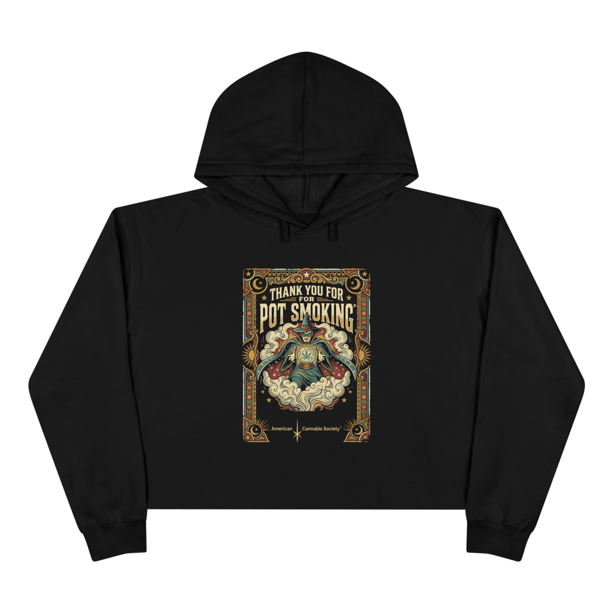 Pot Smoking Botanical Crop Hoodie — Vintage Cannabis Art Cropped Hoodie - Image 4
