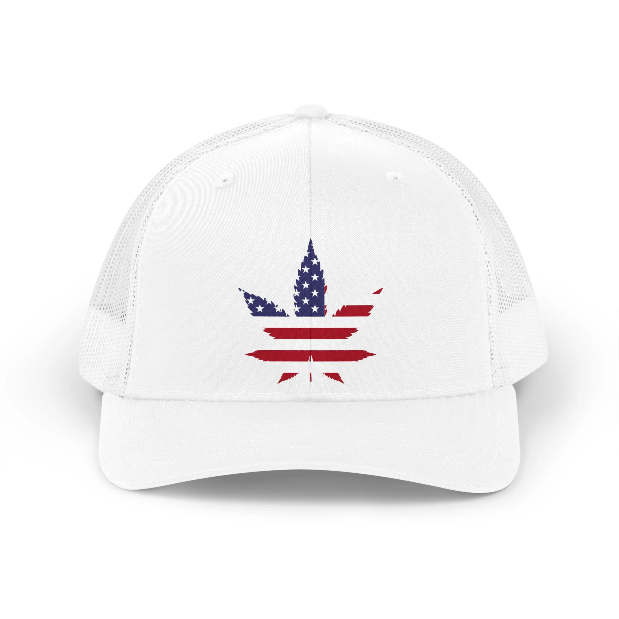 Cannabis streetwear American flag trucker hat with marijuana leaf - GreenRX cannabis apparel