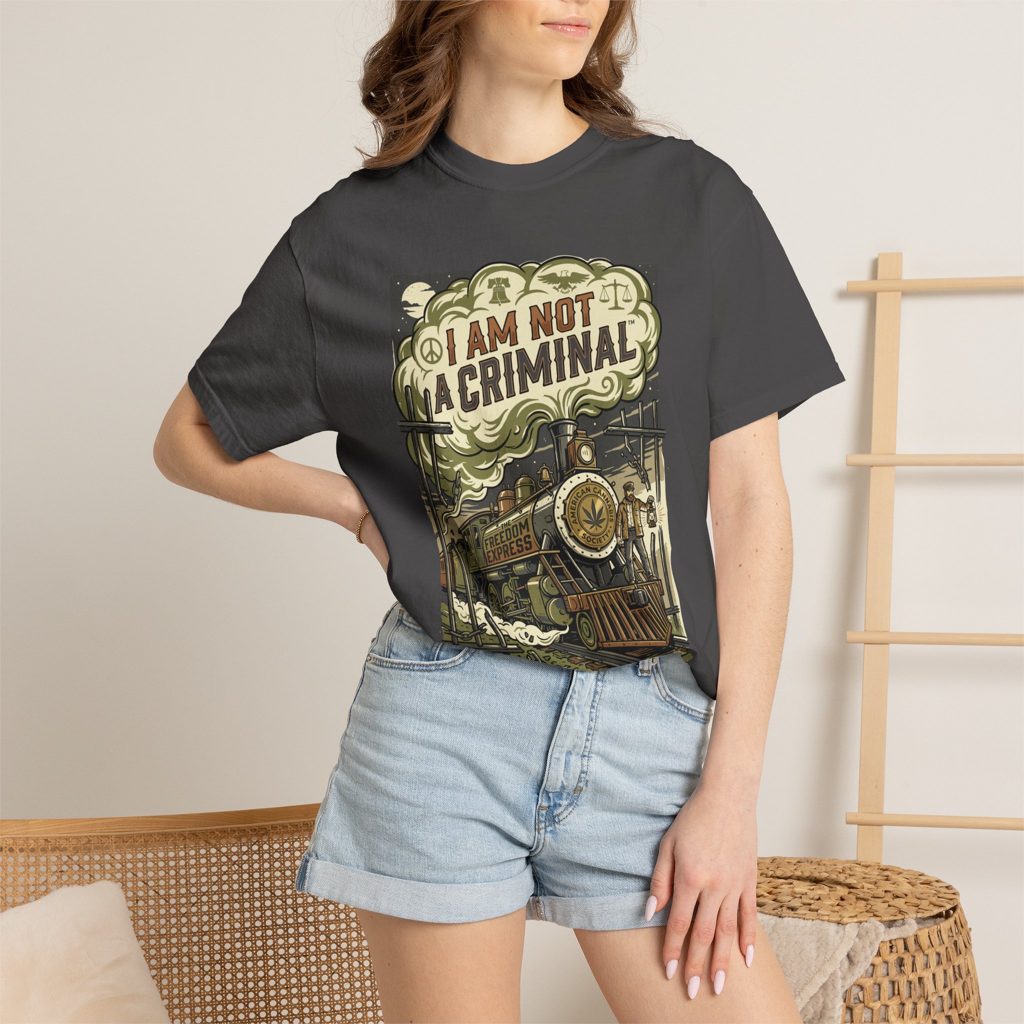 I Am Not a Criminal™ Train Graphic T-Shirt — Vintage Locomotive Cannabis Advocacy Tee - Image 24