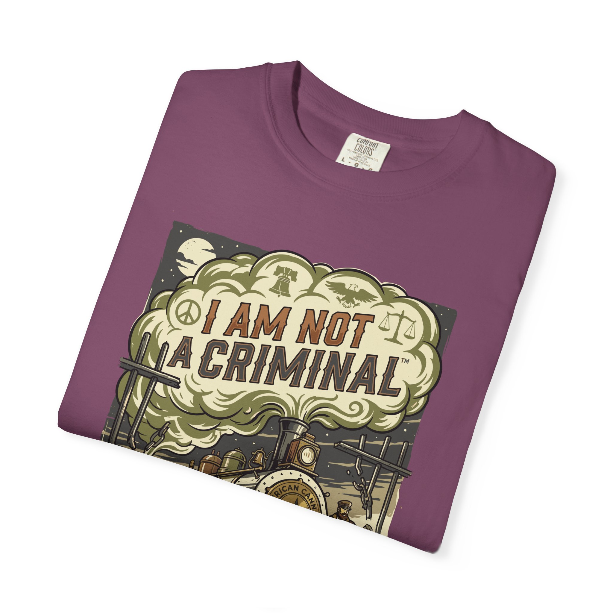 I Am Not a Criminal™ Train Graphic T-Shirt — Vintage Locomotive Cannabis Advocacy Tee - Image 43