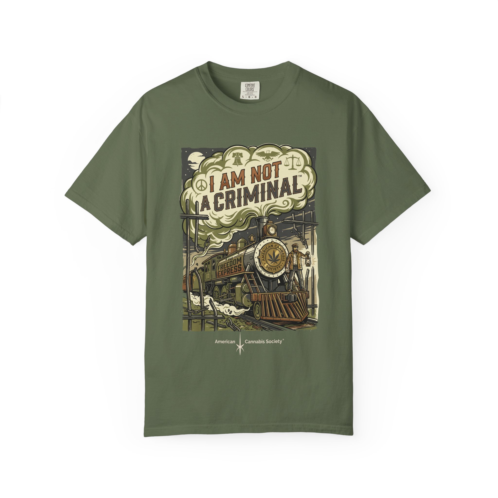 I Am Not a Criminal™ Train Graphic T-Shirt — Vintage Locomotive Cannabis Advocacy Tee - Image 17