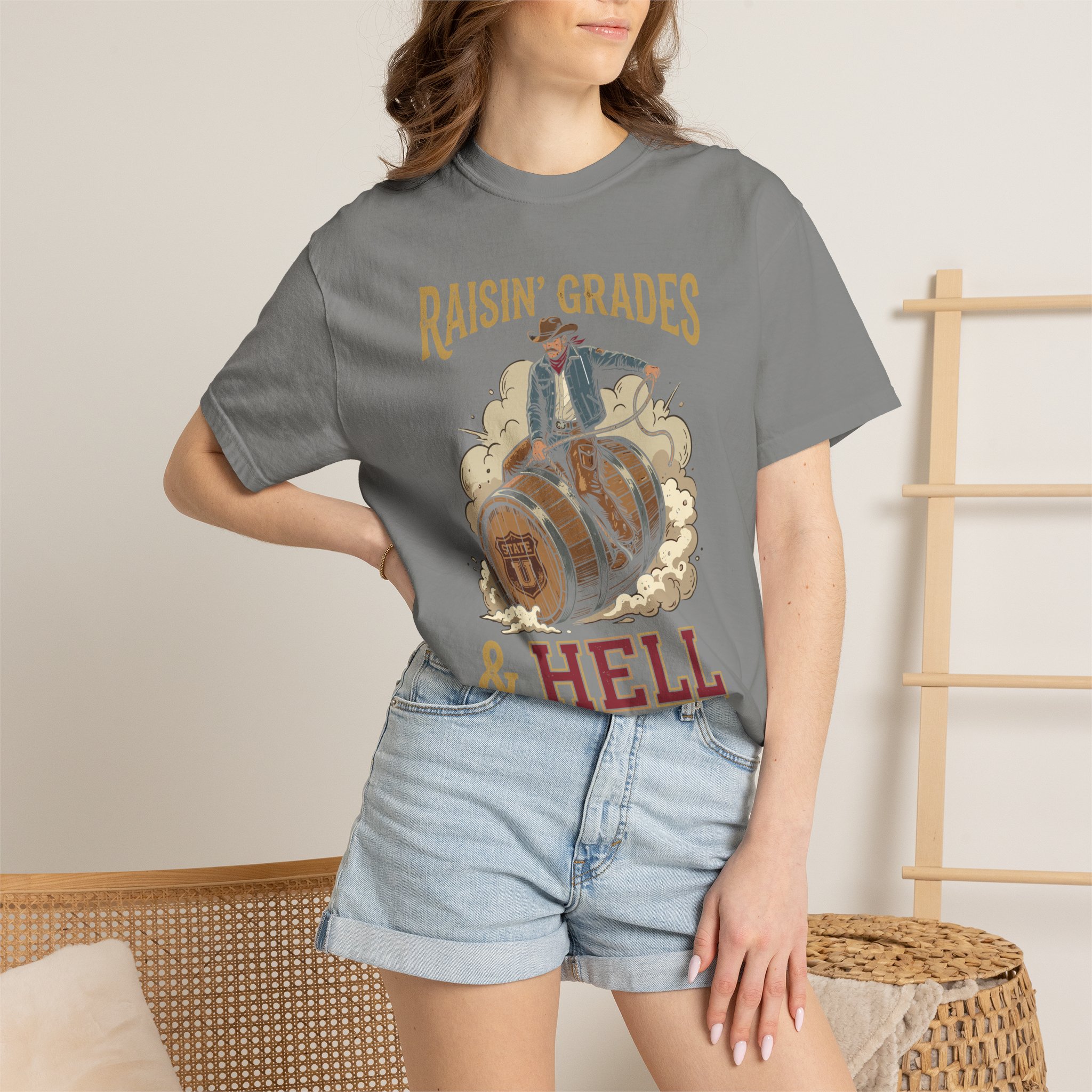 Raisin' Grades & Hell T-Shirt — Vintage College Barrel Graphic Tee - Image 40