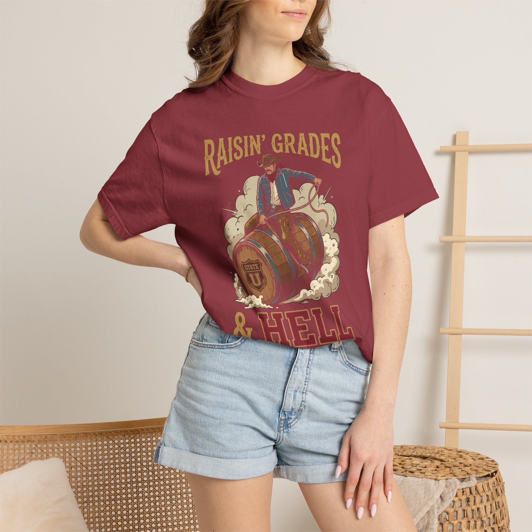 Raisin' Grades & Hell T-Shirt — Vintage College Barrel Graphic Tee - Image 52