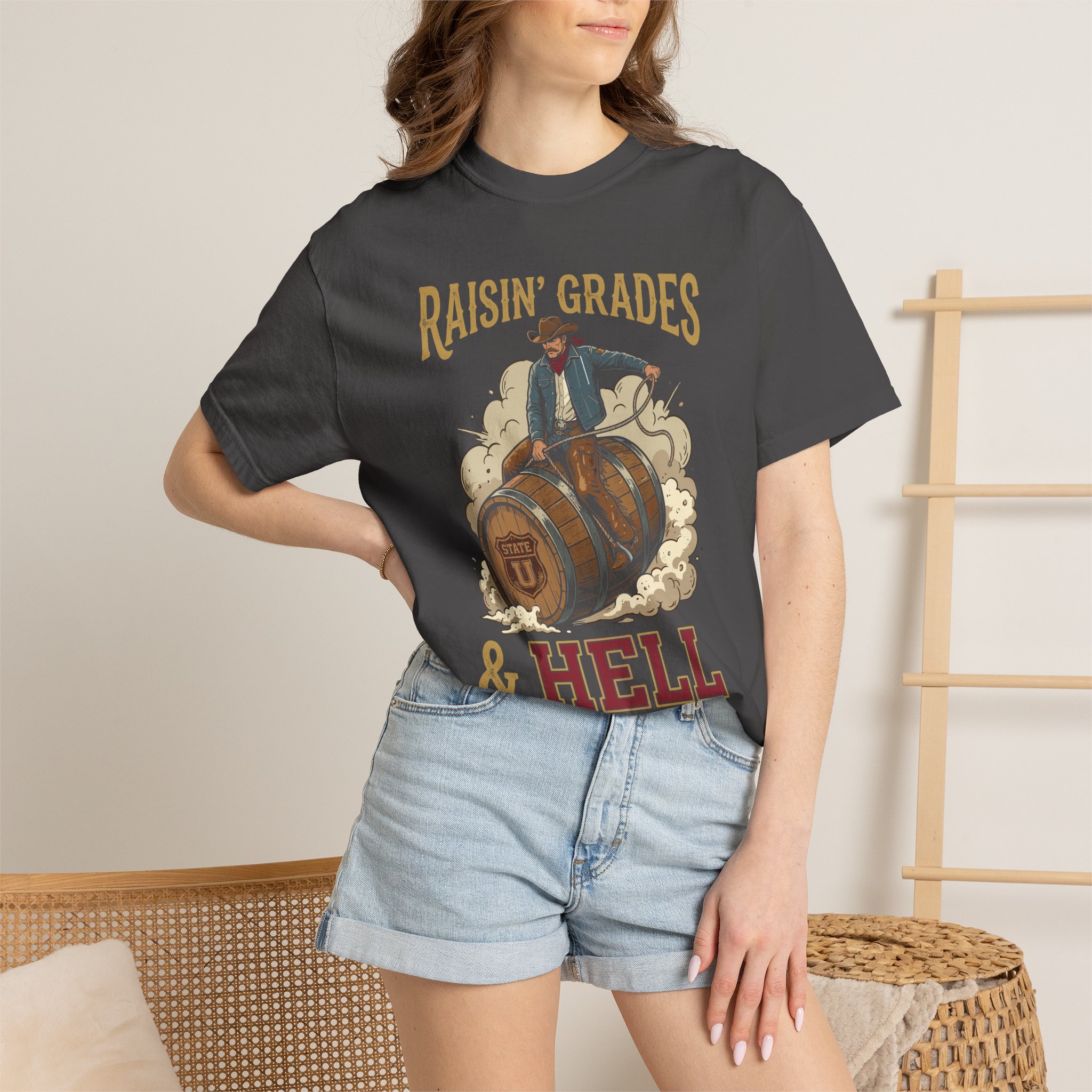Raisin' Grades & Hell T-Shirt — Vintage College Barrel Graphic Tee - Image 44