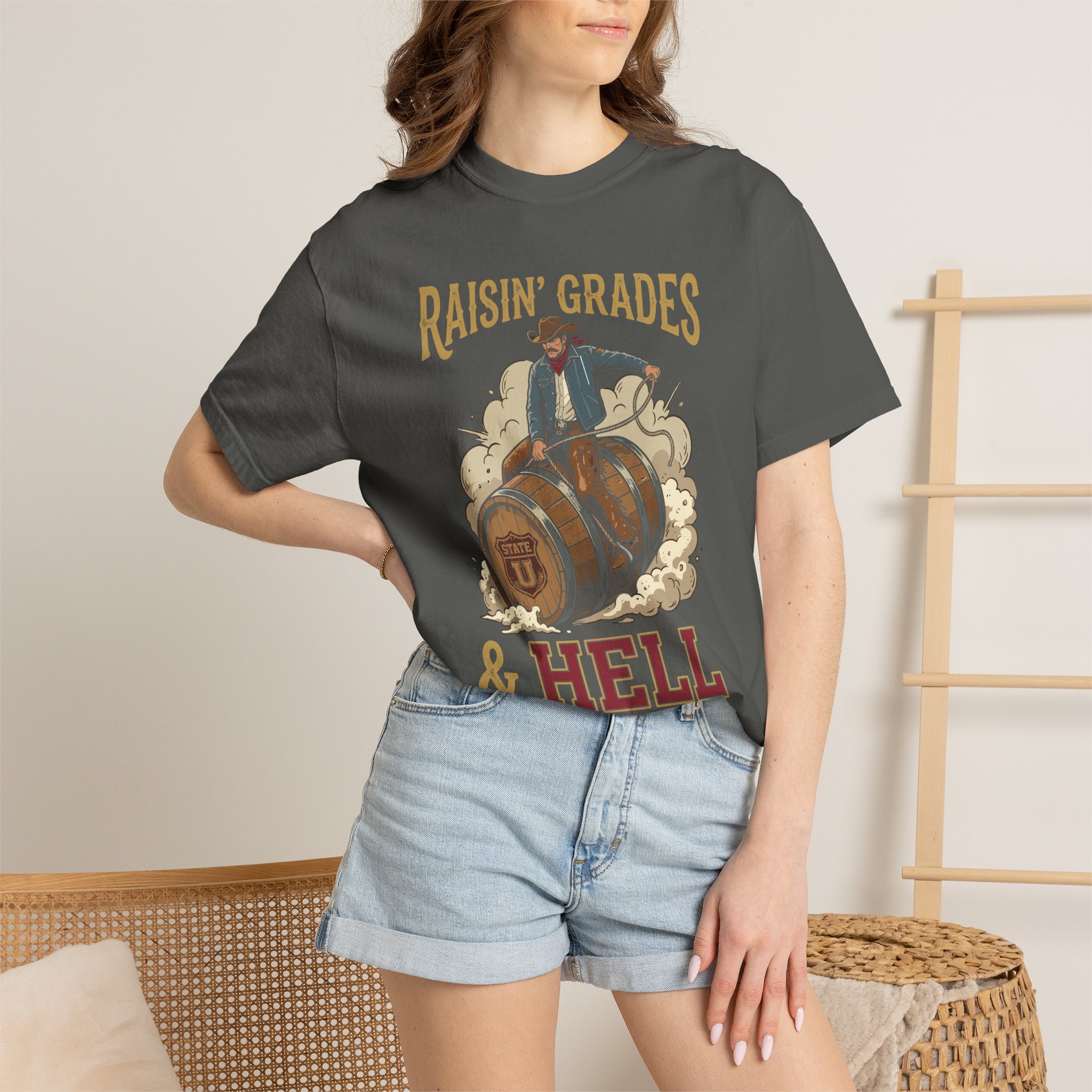 Raisin' Grades & Hell T-Shirt — Vintage College Barrel Graphic Tee - Image 28