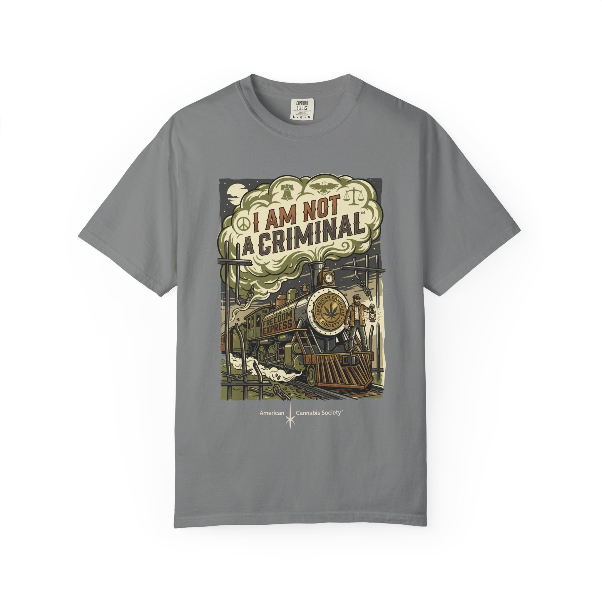 I Am Not a Criminal™ Train Graphic T-Shirt — Vintage Locomotive Cannabis Advocacy Tee - Image 13