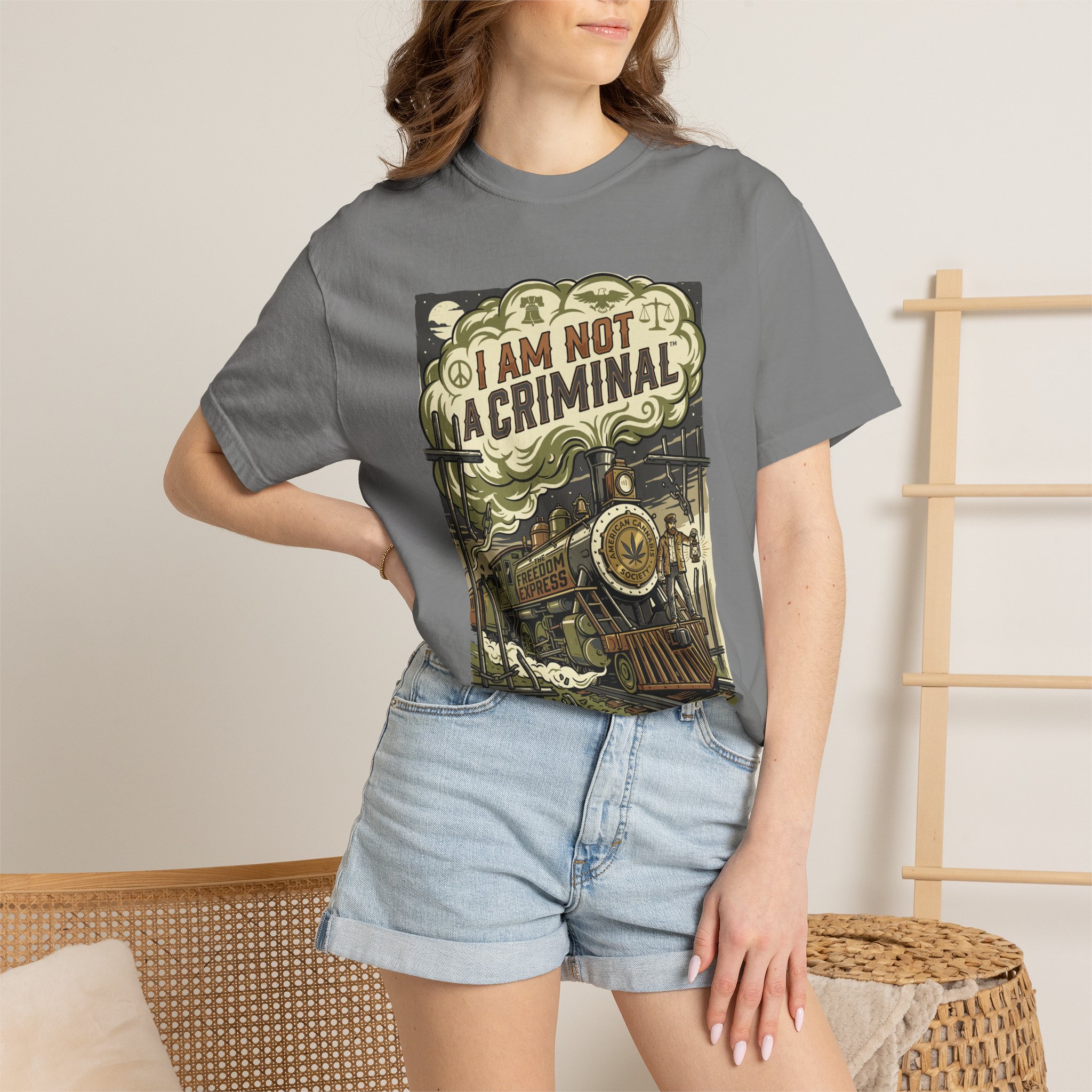 I Am Not a Criminal™ Train Graphic T-Shirt — Vintage Locomotive Cannabis Advocacy Tee - Image 16