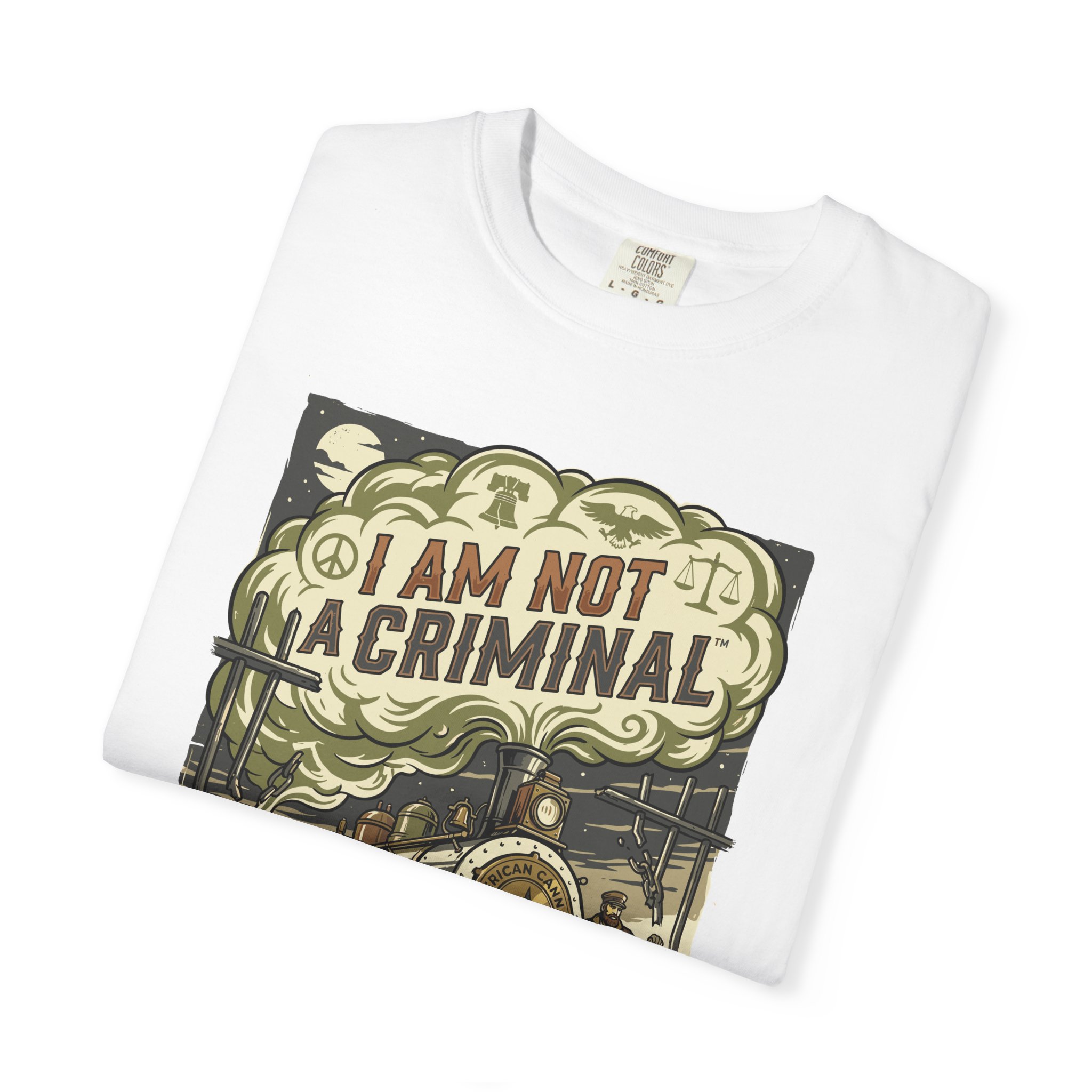I Am Not a Criminal™ Train Graphic T-Shirt — Vintage Locomotive Cannabis Advocacy Tee - Image 3
