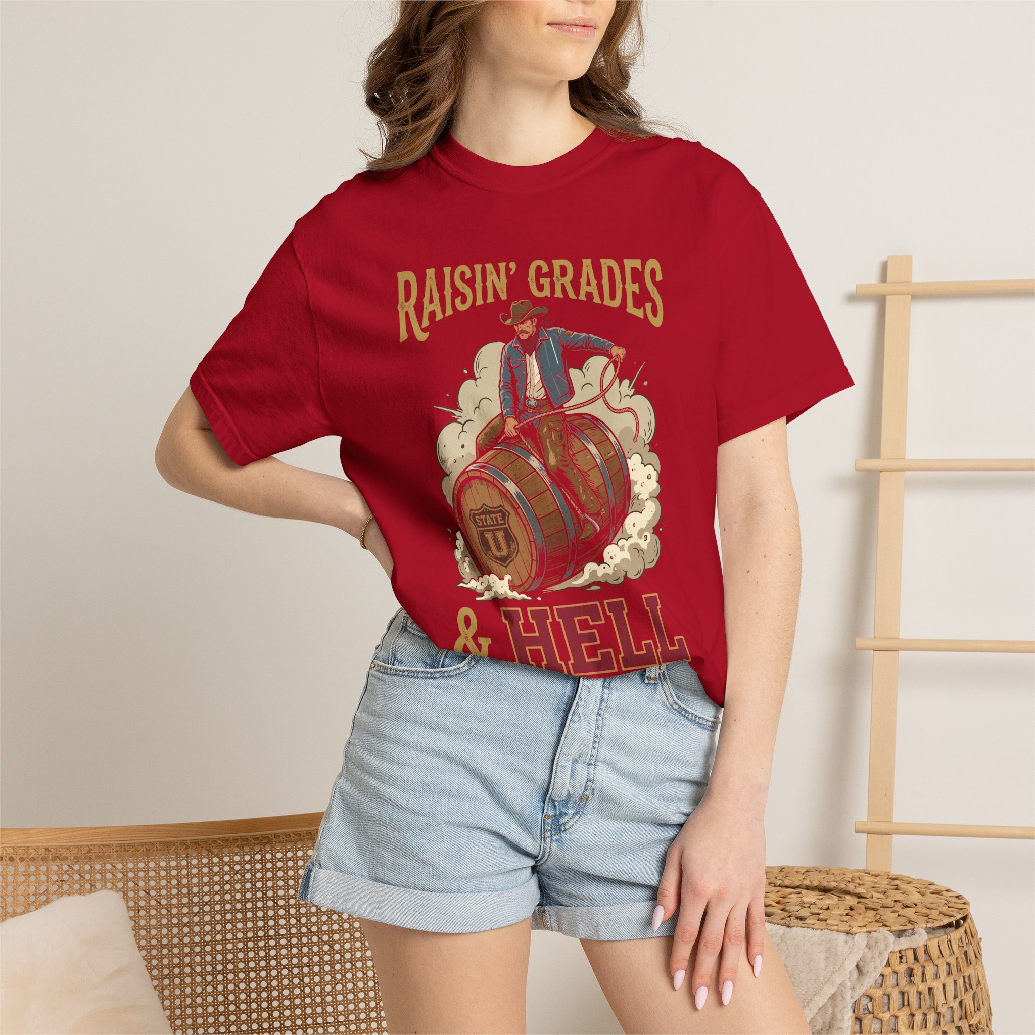 Raisin' Grades & Hell T-Shirt — Vintage College Barrel Graphic Tee - Image 60