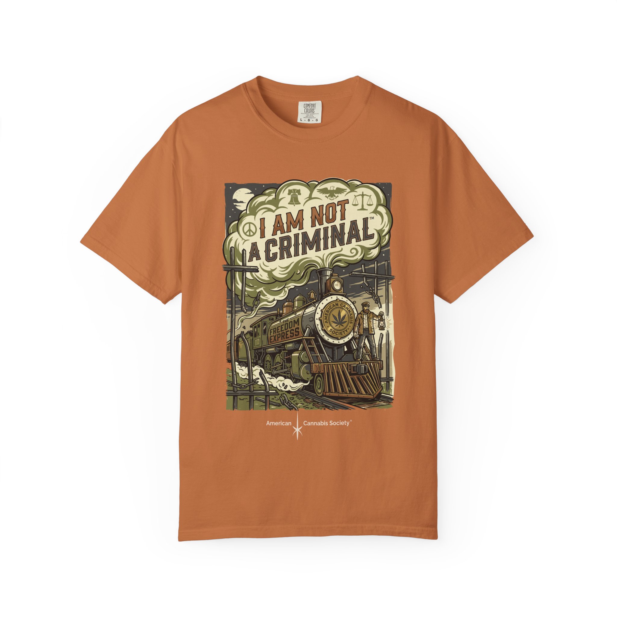 I Am Not a Criminal™ Train Graphic T-Shirt — Vintage Locomotive Cannabis Advocacy Tee - Image 5
