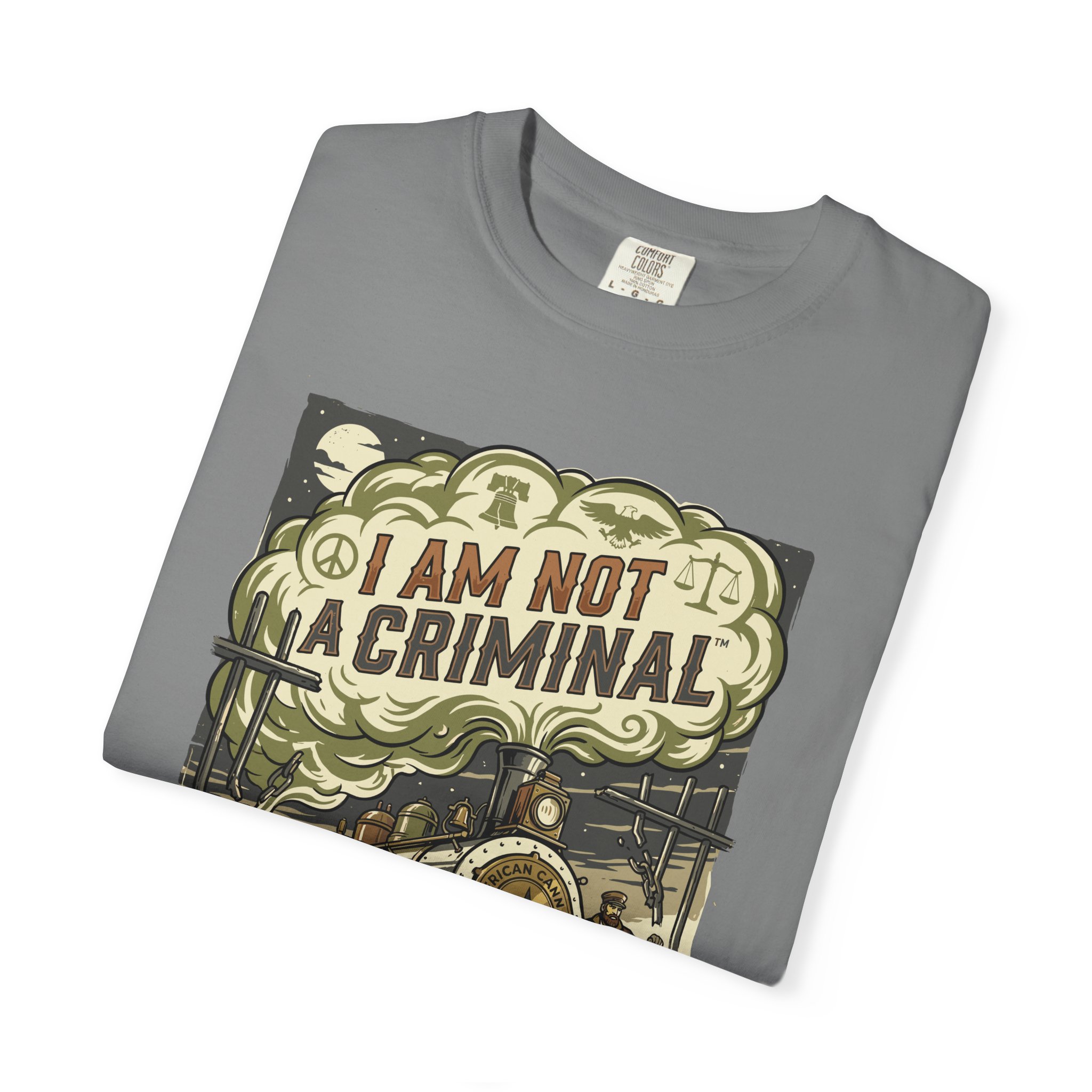 I Am Not a Criminal™ Train Graphic T-Shirt — Vintage Locomotive Cannabis Advocacy Tee - Image 15
