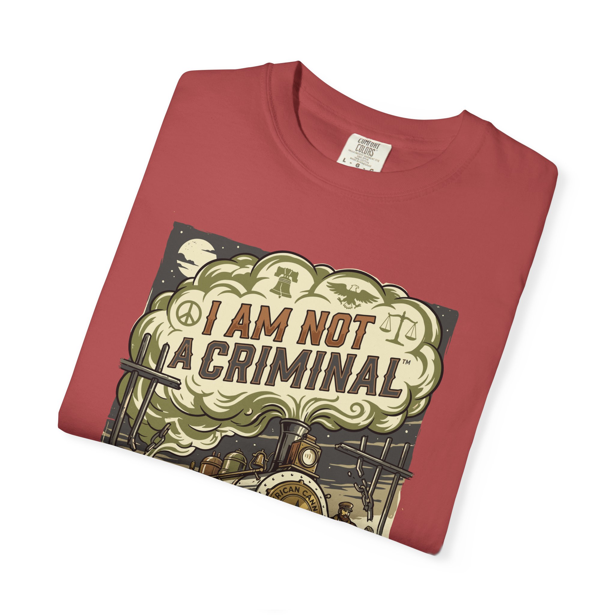 I Am Not a Criminal™ Train Graphic T-Shirt — Vintage Locomotive Cannabis Advocacy Tee - Image 55