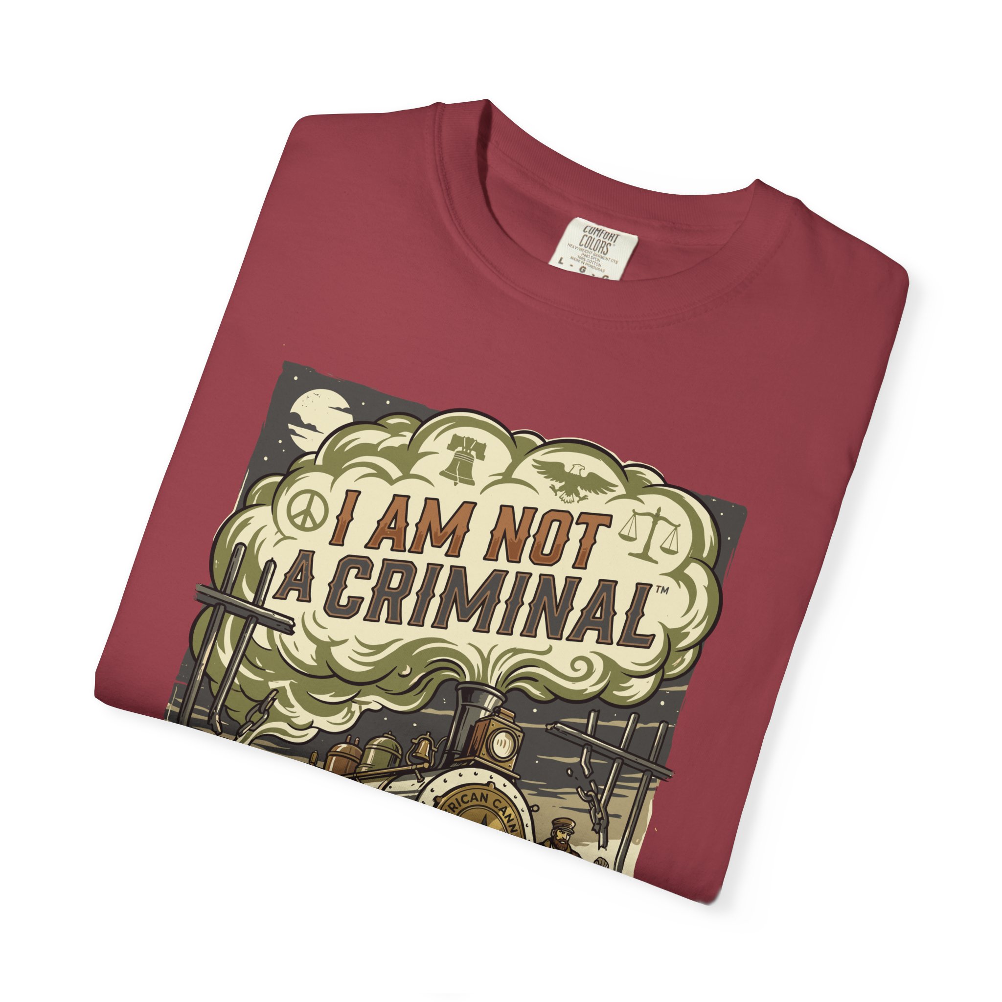 I Am Not a Criminal™ Train Graphic T-Shirt — Vintage Locomotive Cannabis Advocacy Tee - Image 51