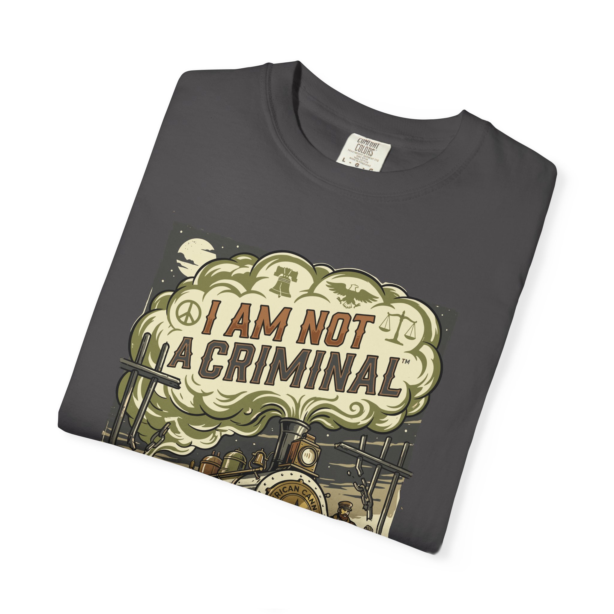 I Am Not a Criminal™ Train Graphic T-Shirt — Vintage Locomotive Cannabis Advocacy Tee - Image 23