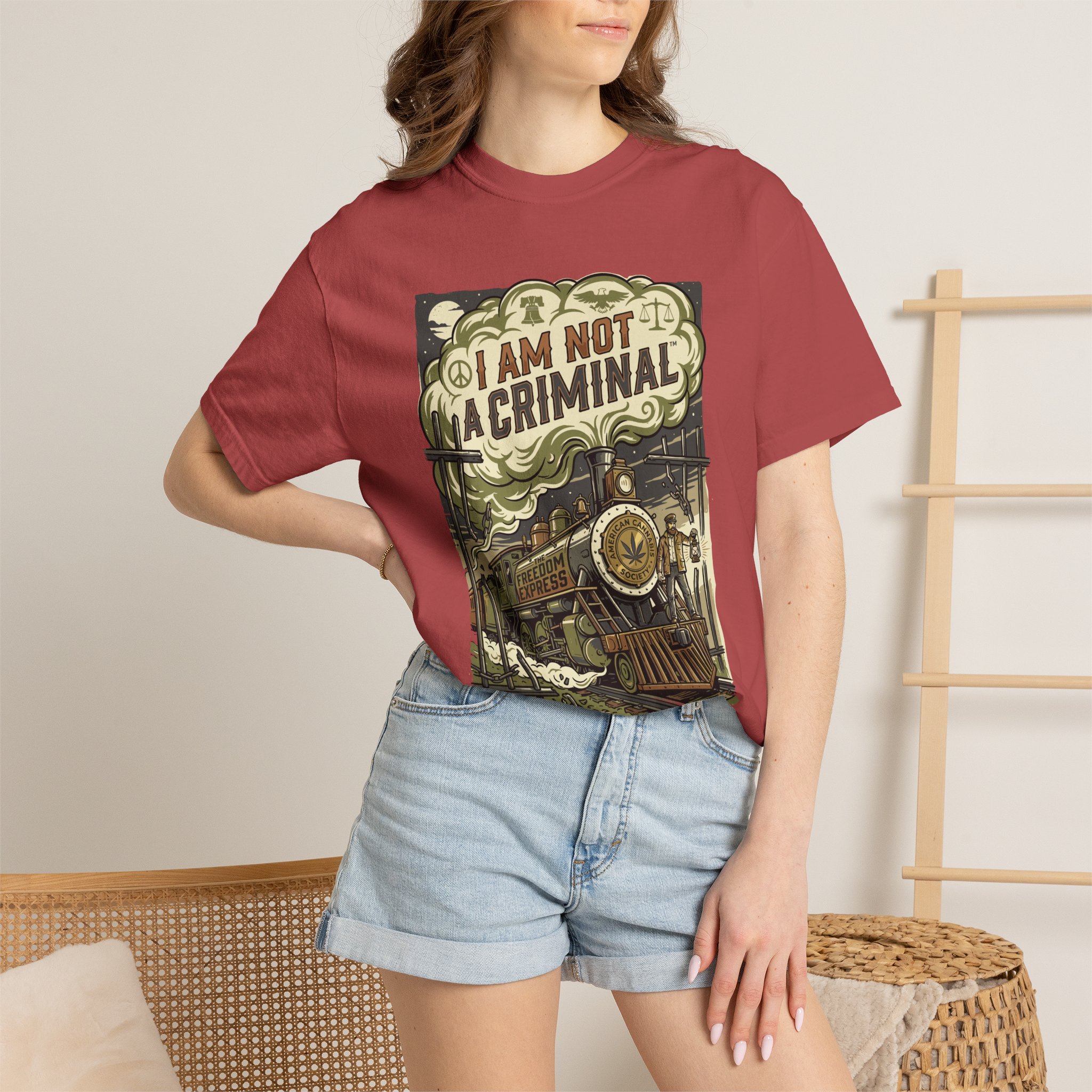 I Am Not a Criminal™ Train Graphic T-Shirt — Vintage Locomotive Cannabis Advocacy Tee - Image 56