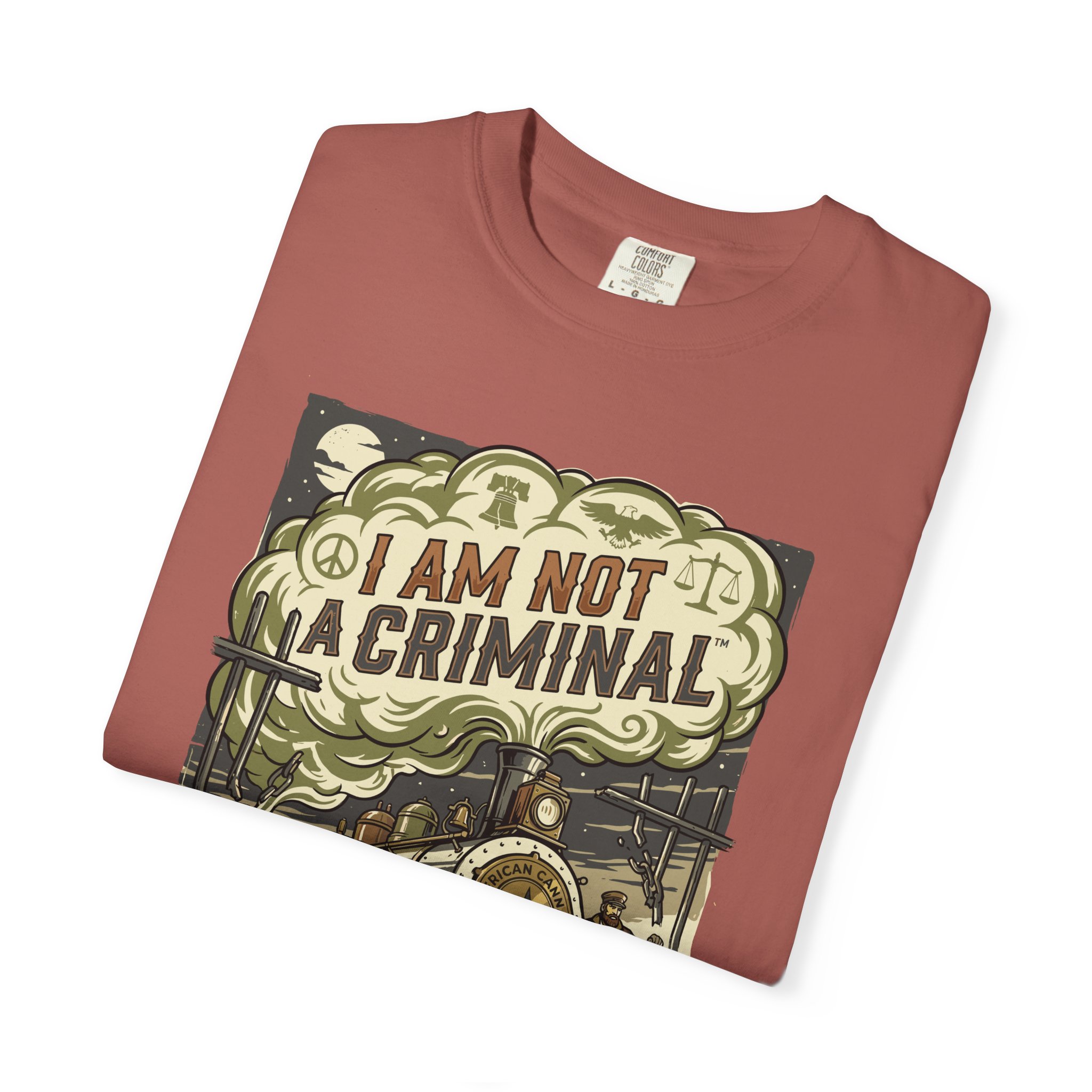 I Am Not a Criminal™ Train Graphic T-Shirt — Vintage Locomotive Cannabis Advocacy Tee - Image 59