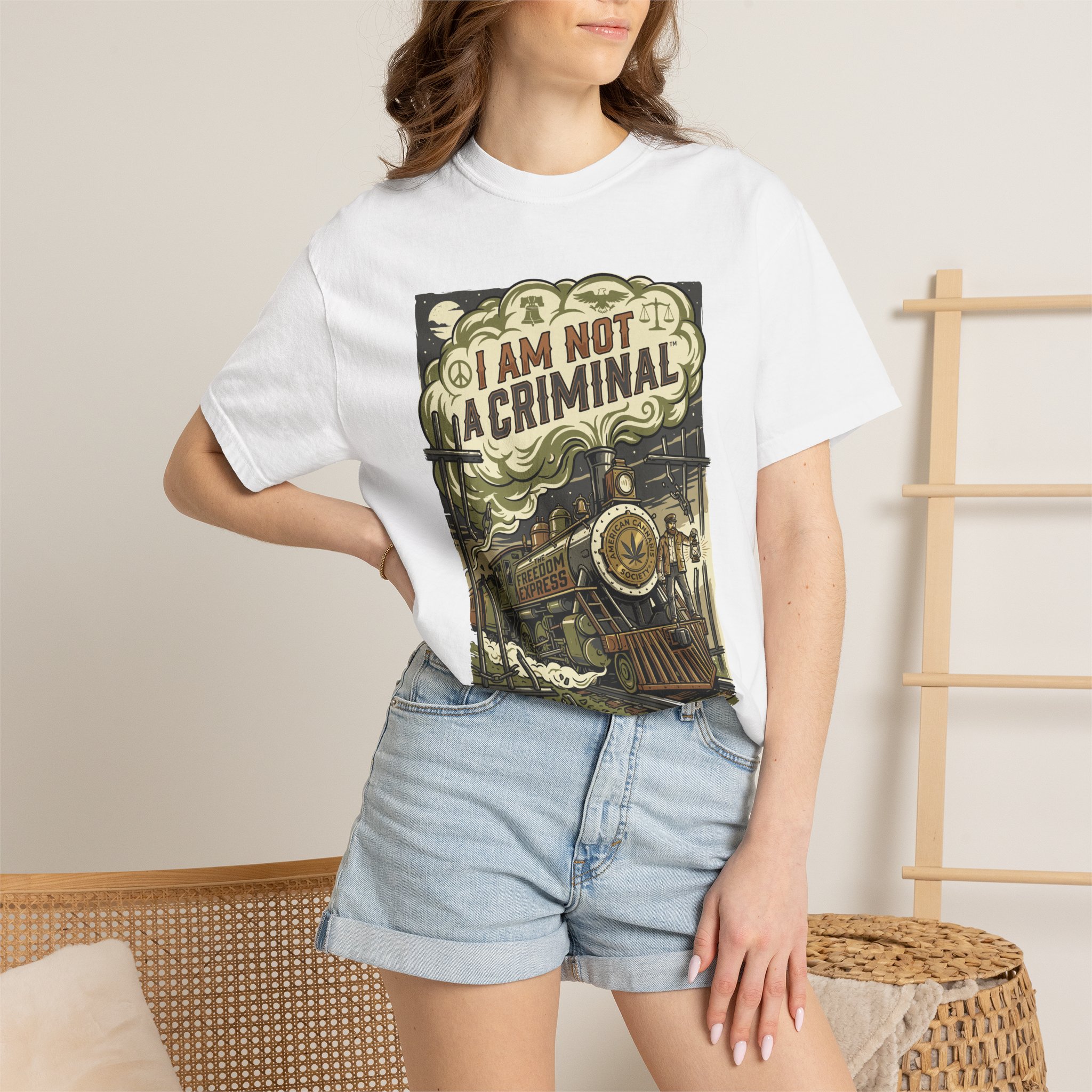I Am Not a Criminal™ Train Graphic T-Shirt — Vintage Locomotive Cannabis Advocacy Tee - Image 4