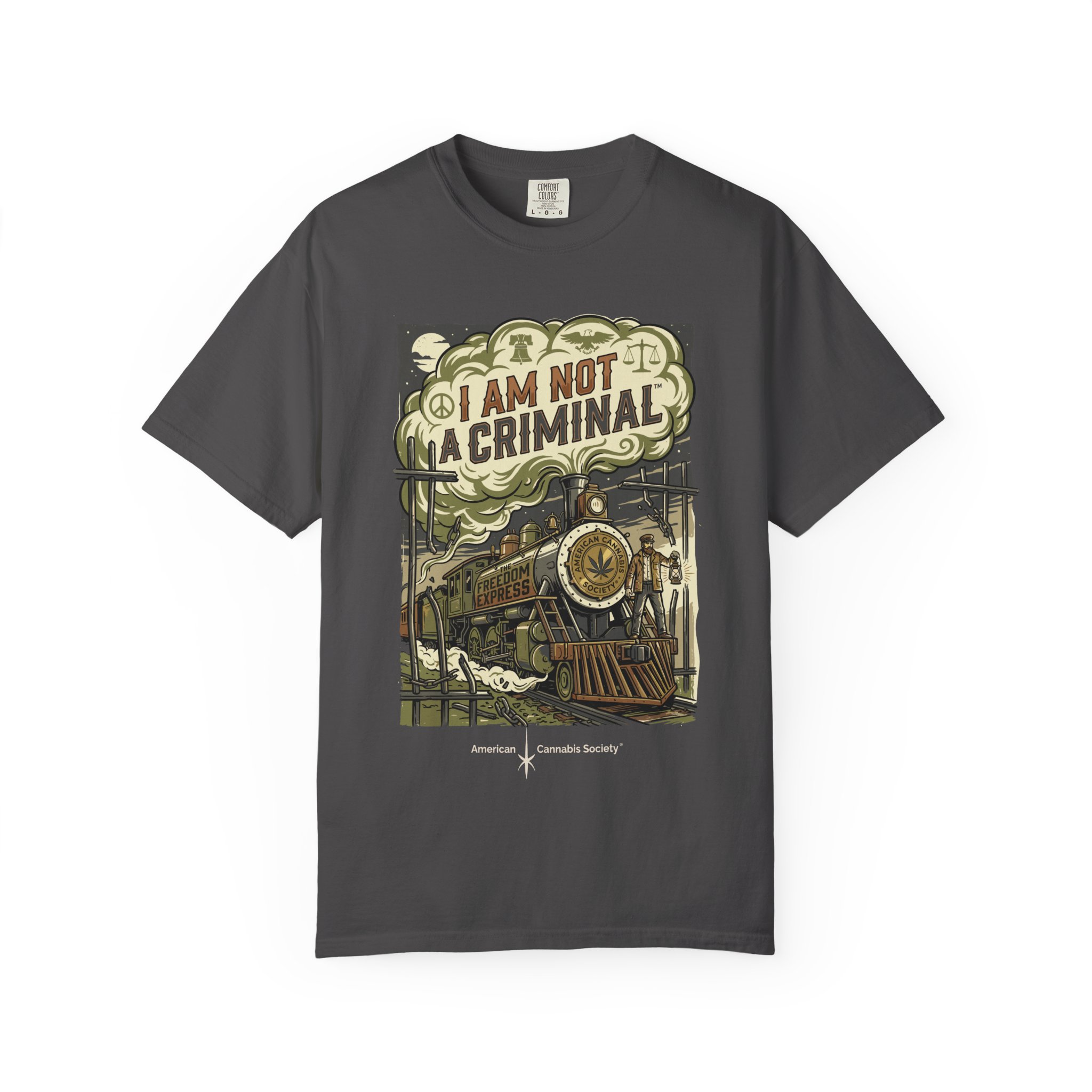 I Am Not a Criminal™ Train Graphic T-Shirt — Vintage Locomotive Cannabis Advocacy Tee - Image 21