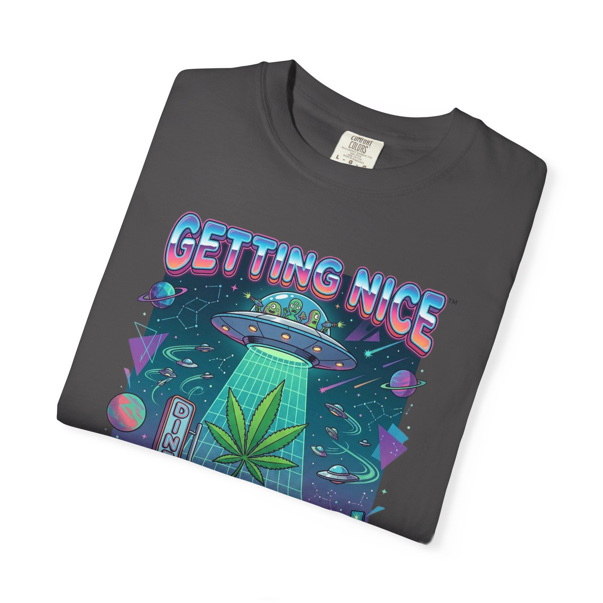 Getting Nice™ UFO T-Shirt — Retro Cannabis Flying Saucer Graphic Tee - Image 47