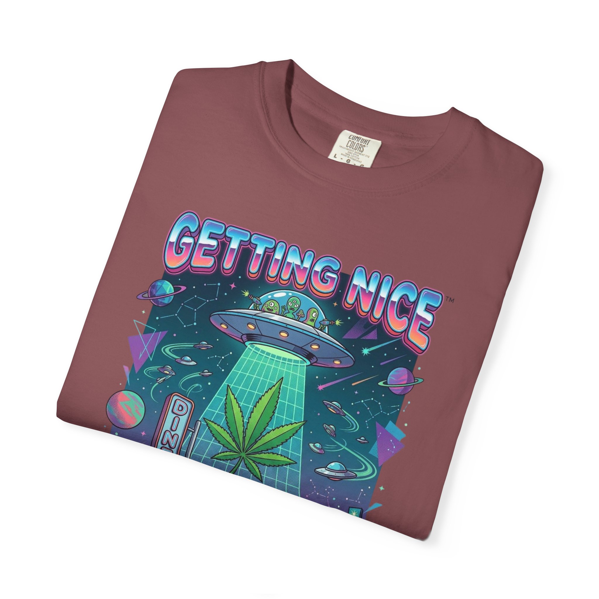 Getting Nice™ UFO T-Shirt — Retro Cannabis Flying Saucer Graphic Tee - Image 15