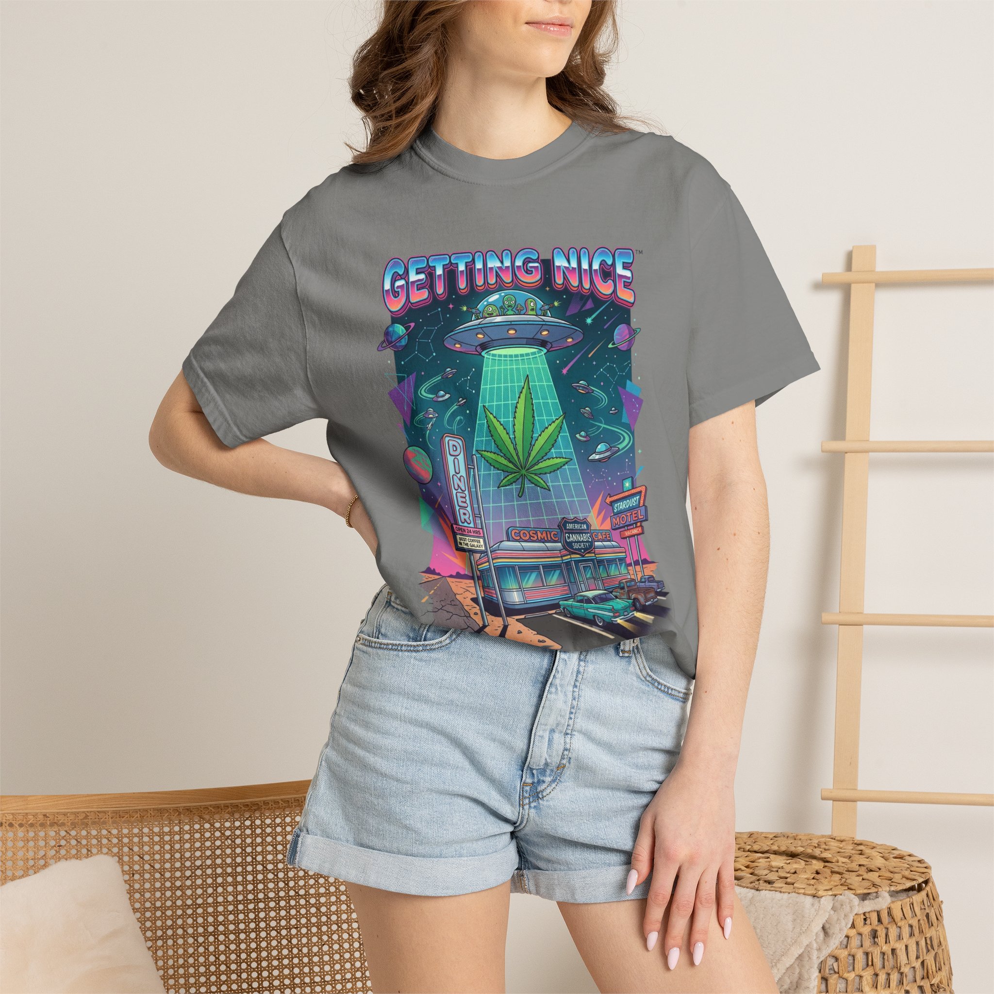 Getting Nice™ UFO T-Shirt — Retro Cannabis Flying Saucer Graphic Tee - Image 44