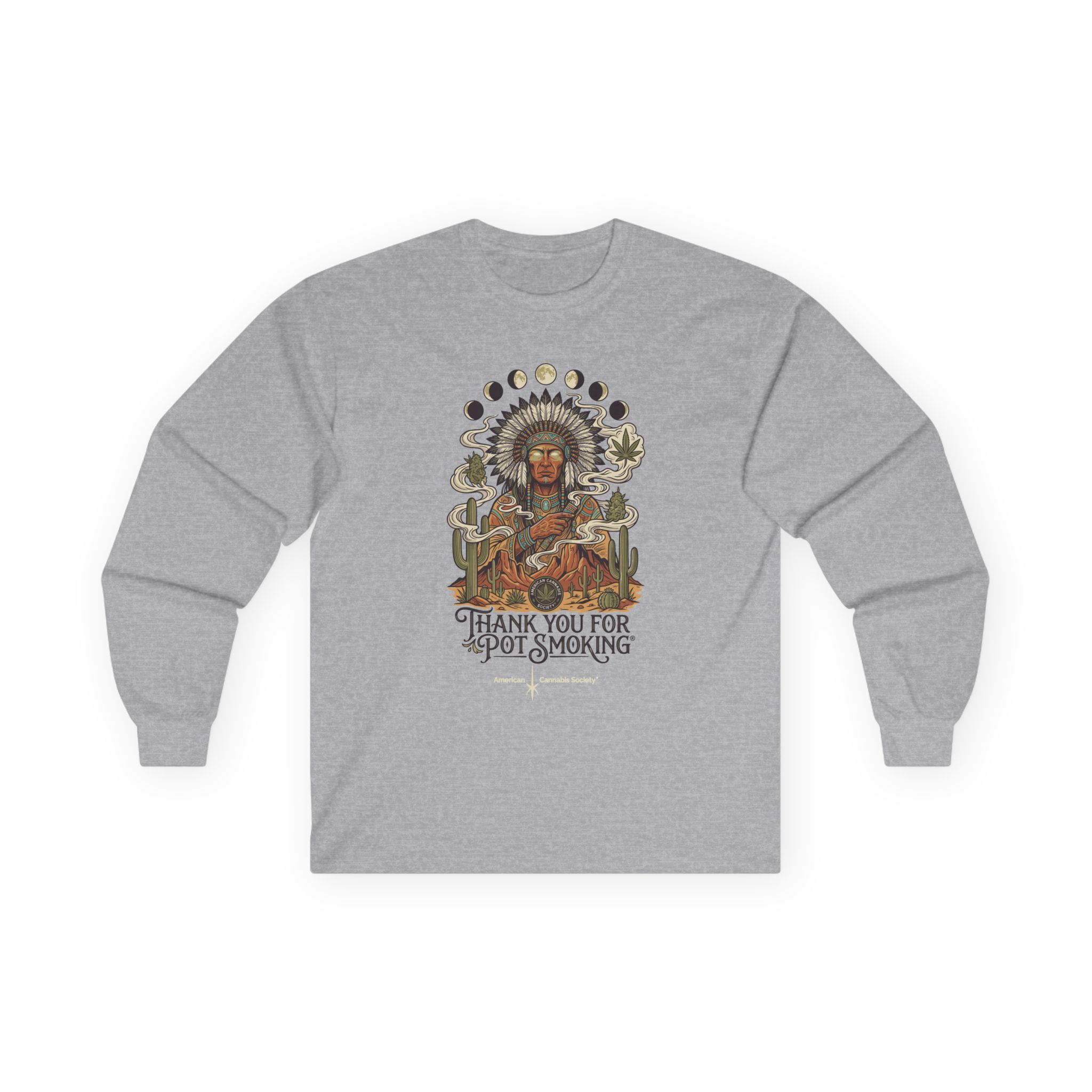 Thank You For Pot Smoking® Desert Chief Unisex Cotton Long Sleeve Tee – Sport Grey