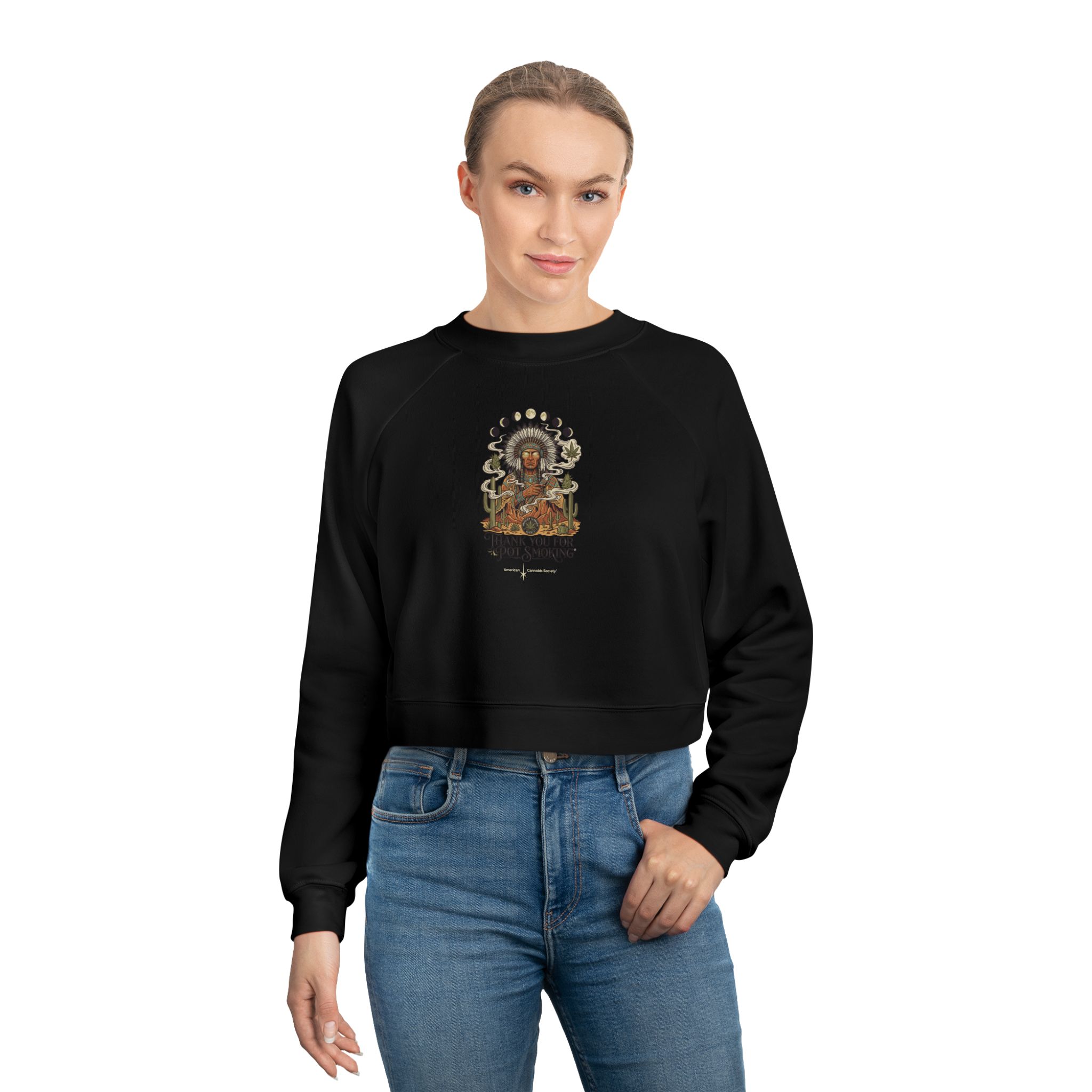 Thank You For Pot Smoking® Desert Chief Women's Cropped Fleece Pullover – Black – view 3