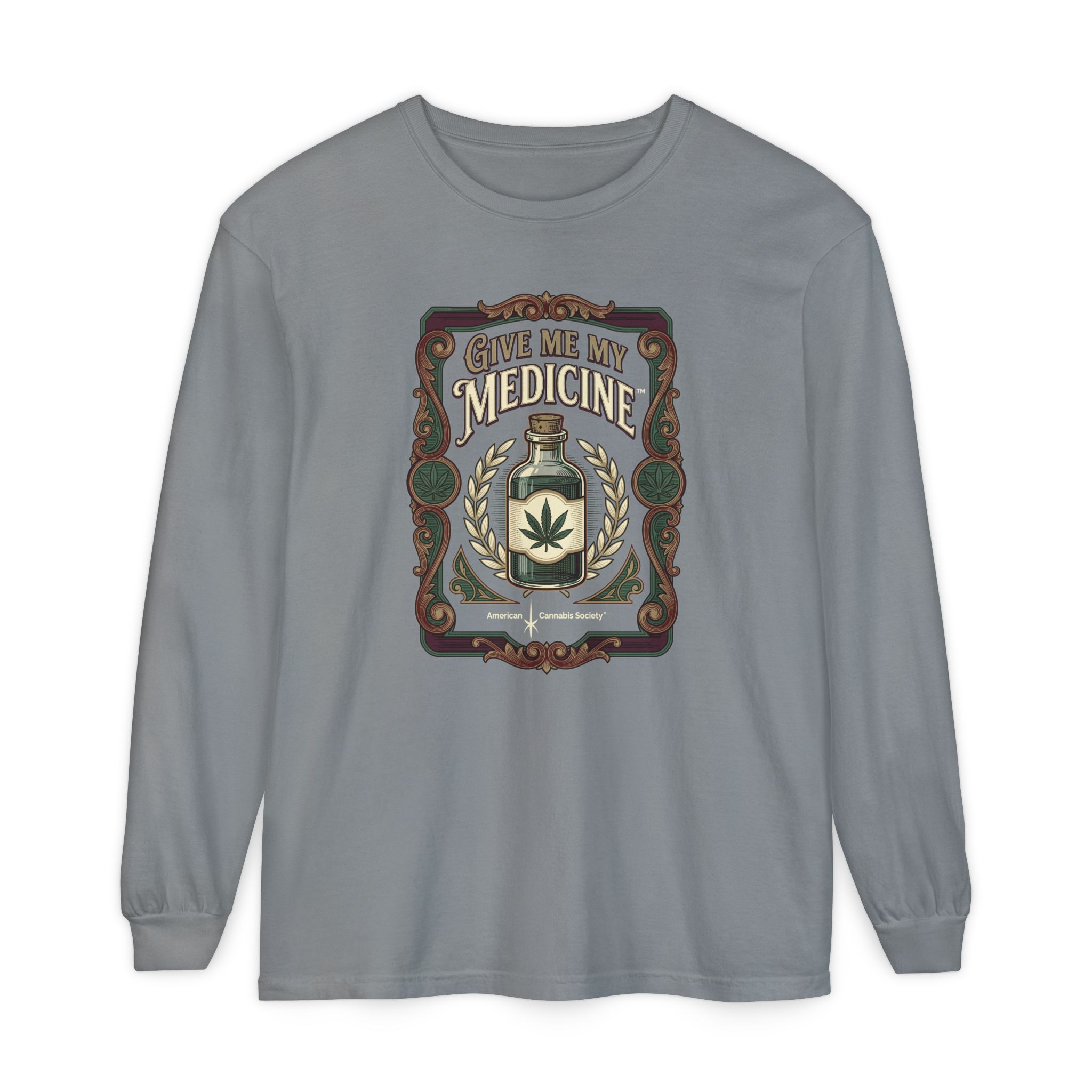 Give Me My Medicine™ Unisex Garment-Dyed Long Sleeve Tee – Grey