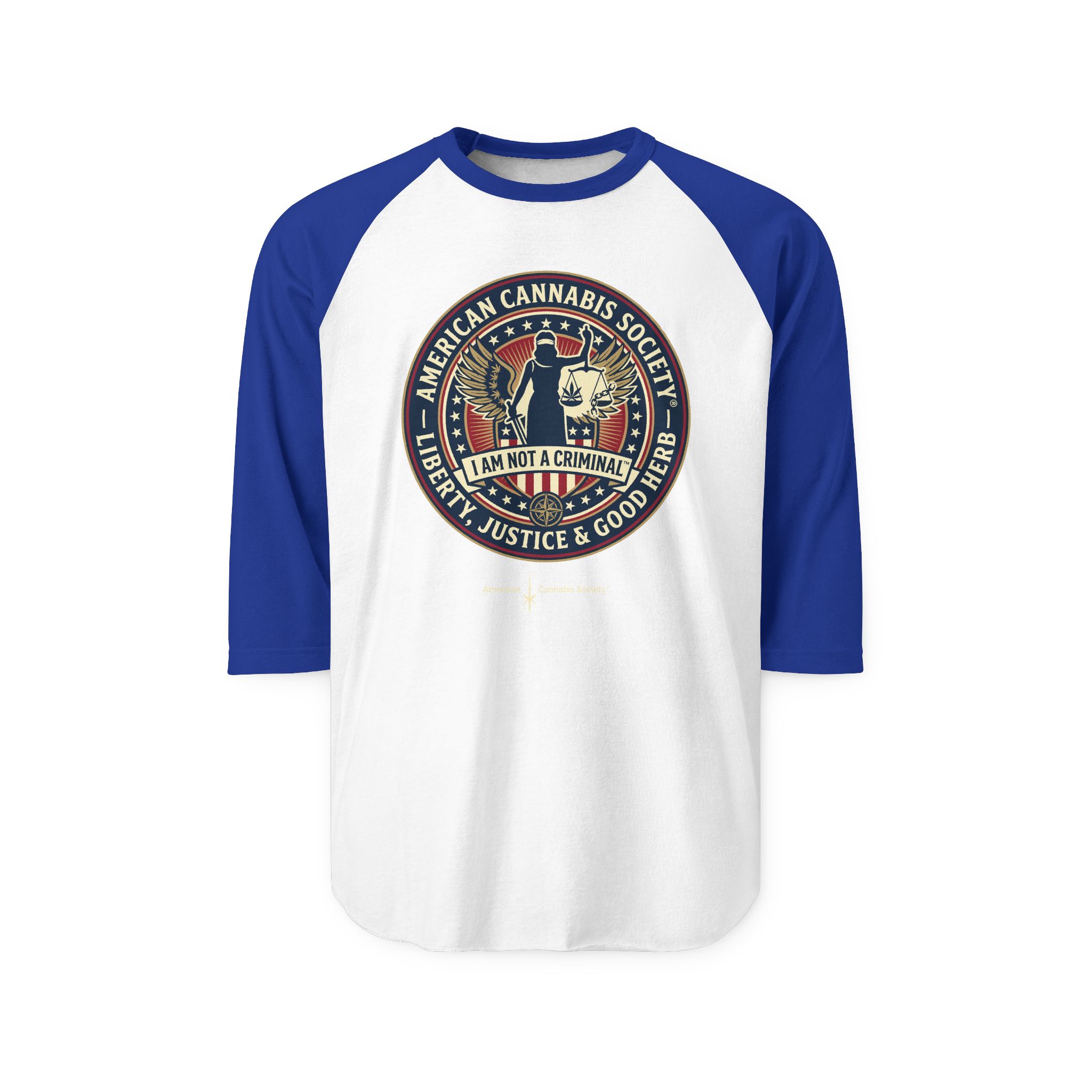 I Am Not A Criminal™ Liberty Seal Raglan Shirt — American Cannabis Society® 3/4 Sleeve Baseball Tee - Image 2