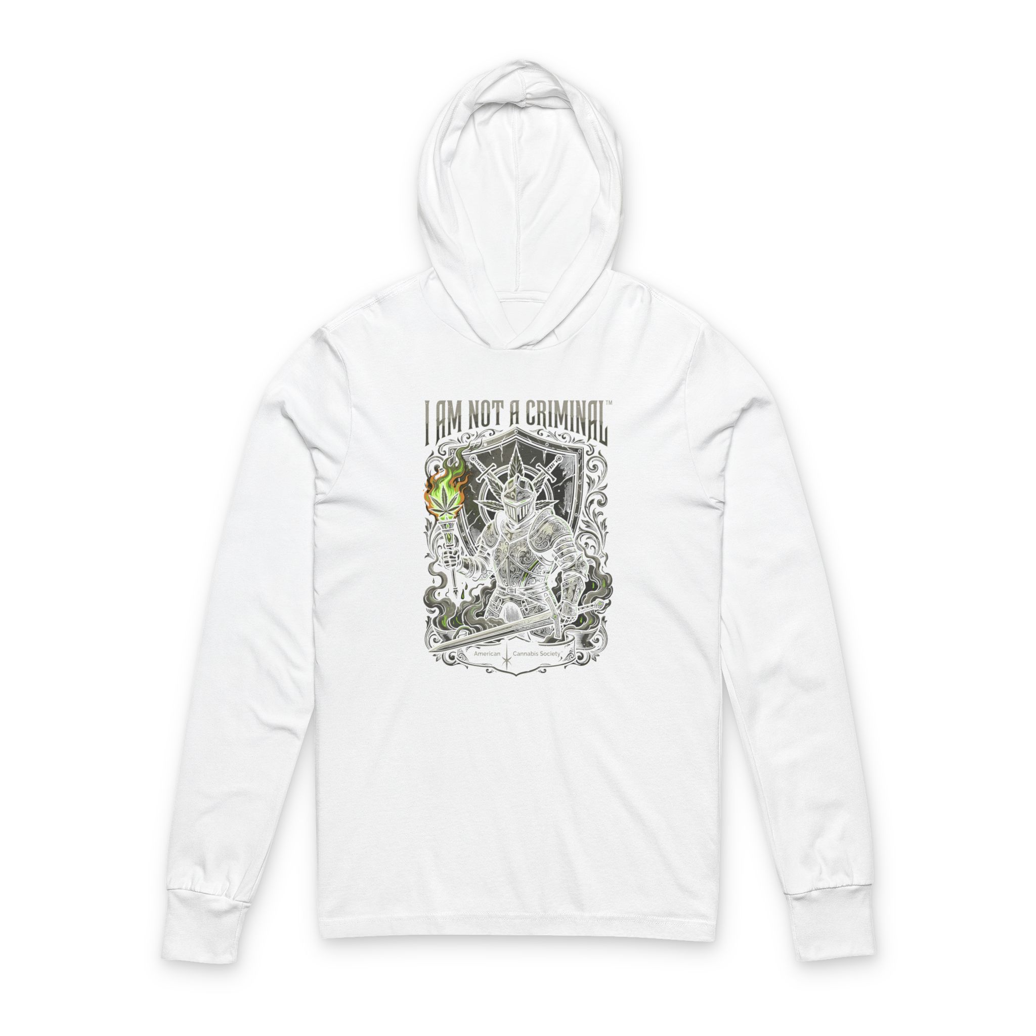 I Am Not A Criminal™ Knight Hooded Long Sleeve Tee — American Cannabis Society® Lightweight Hoodie Tee