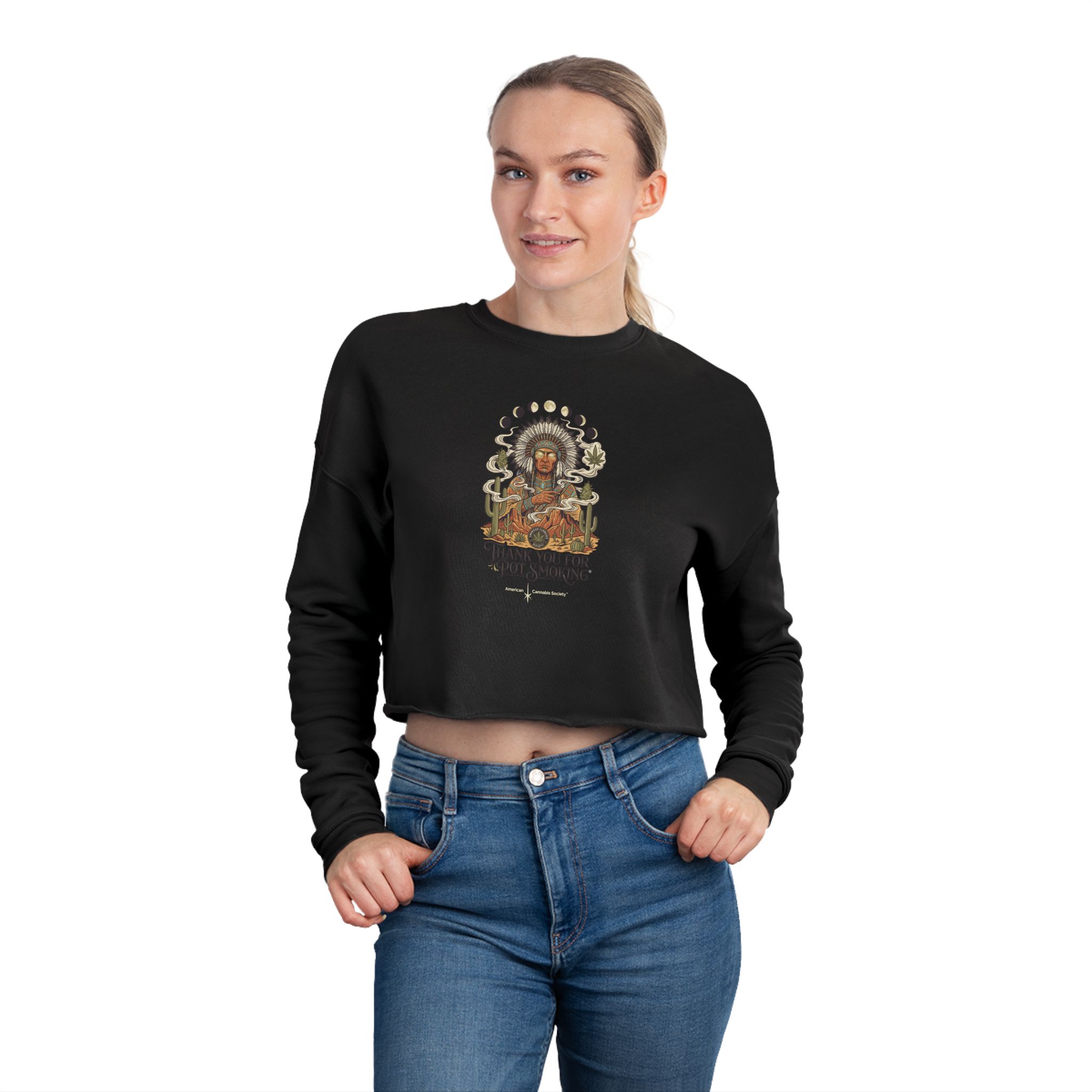 Thank You For Pot Smoking® Desert Chief Women's Cropped Sweatshirt – Black – view 4