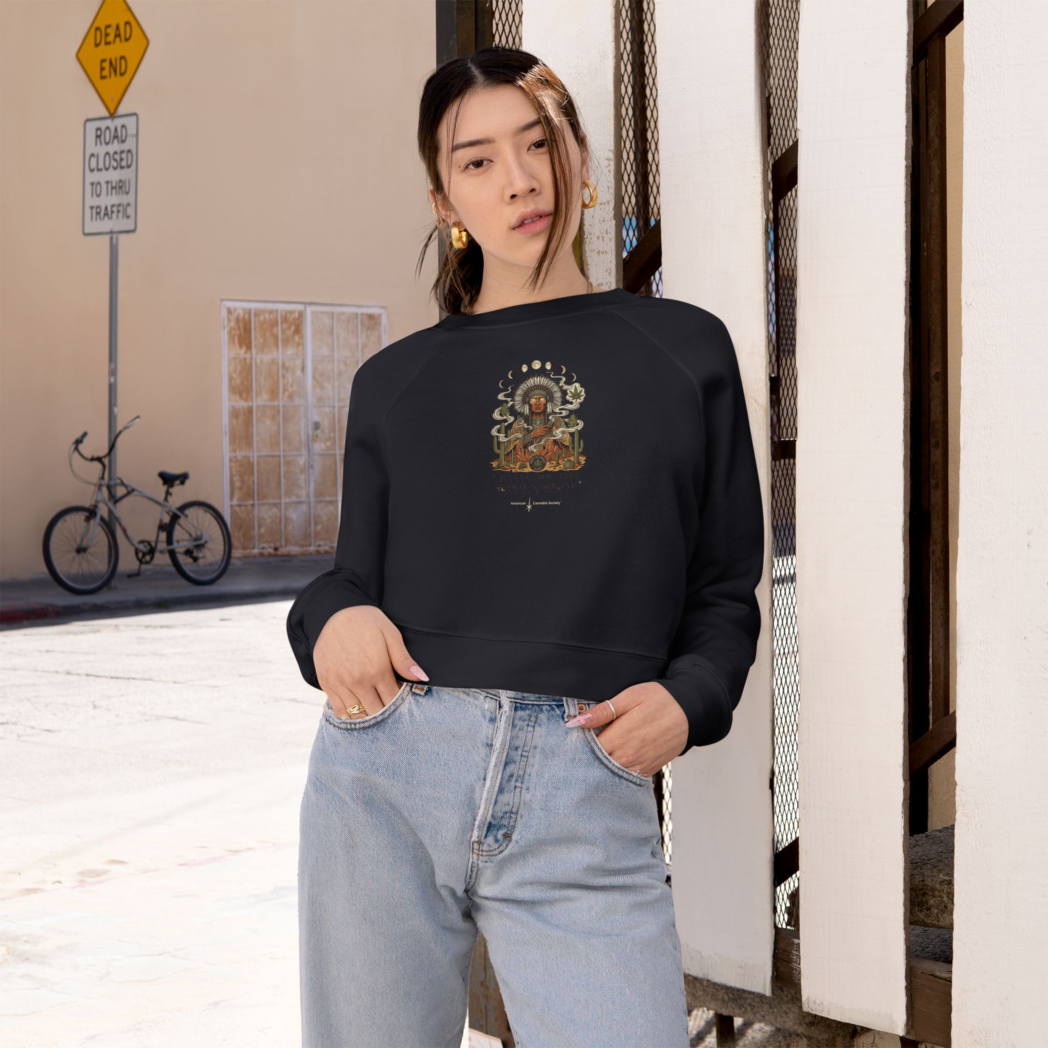 Thank You For Pot Smoking® Desert Chief Women's Cropped Fleece Pullover – Dark Grey – view 4