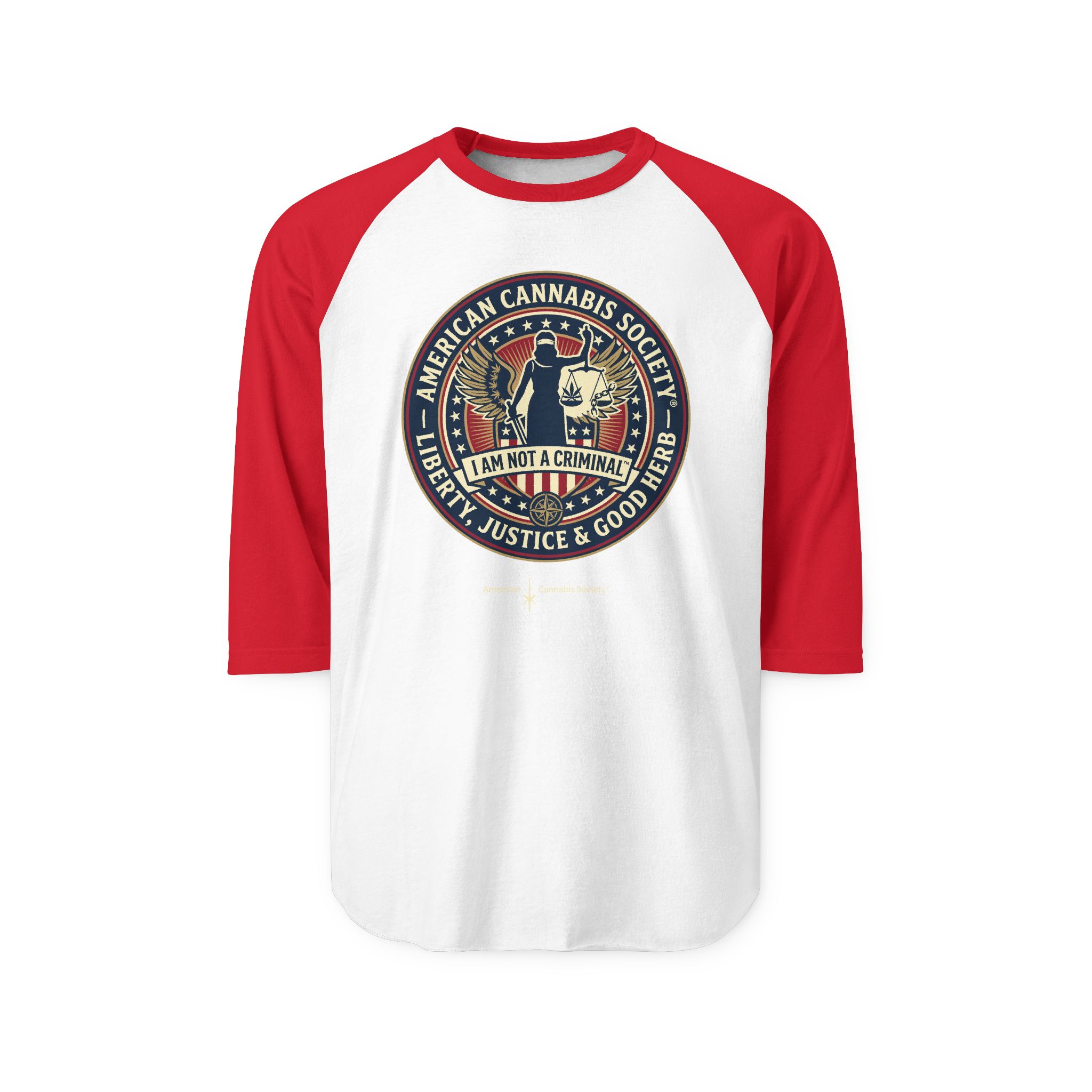 I Am Not A Criminal™ Liberty Seal Raglan Shirt — American Cannabis Society® 3/4 Sleeve Baseball Tee - Image 3