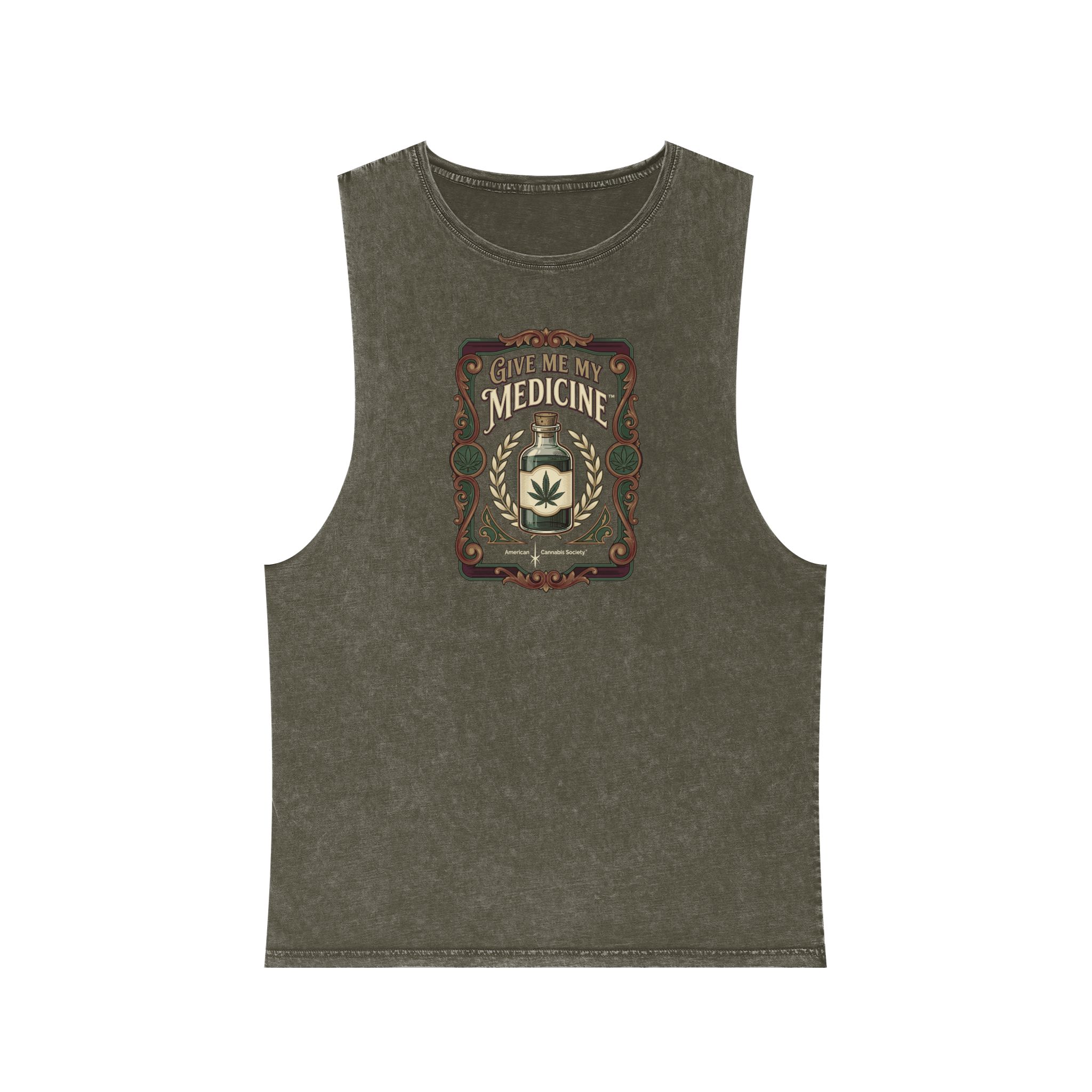 Give Me My Medicine™ Unisex Stonewash Tank Top – Moss Stone