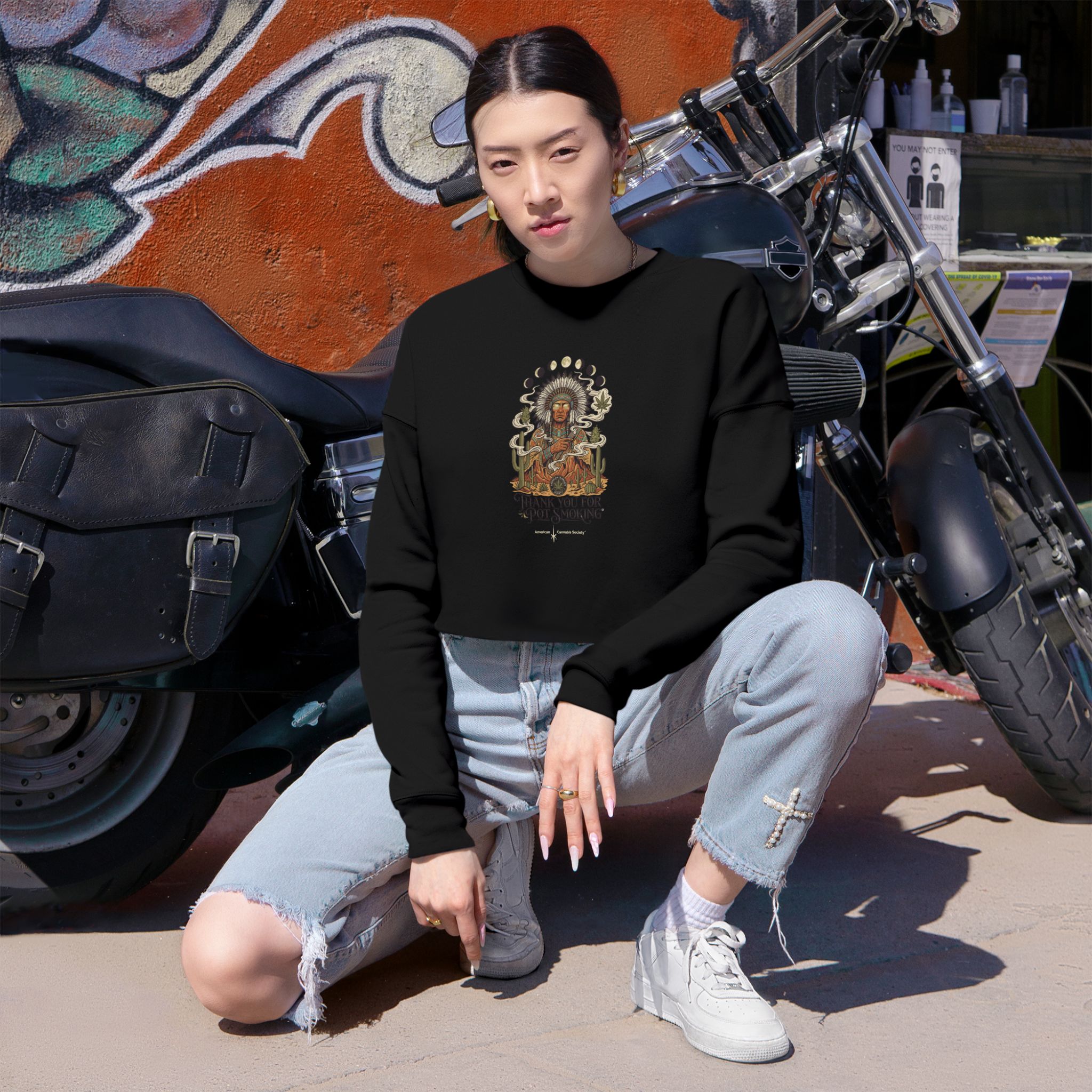Thank You For Pot Smoking® Desert Chief Women's Cropped Sweatshirt – Black – view 3